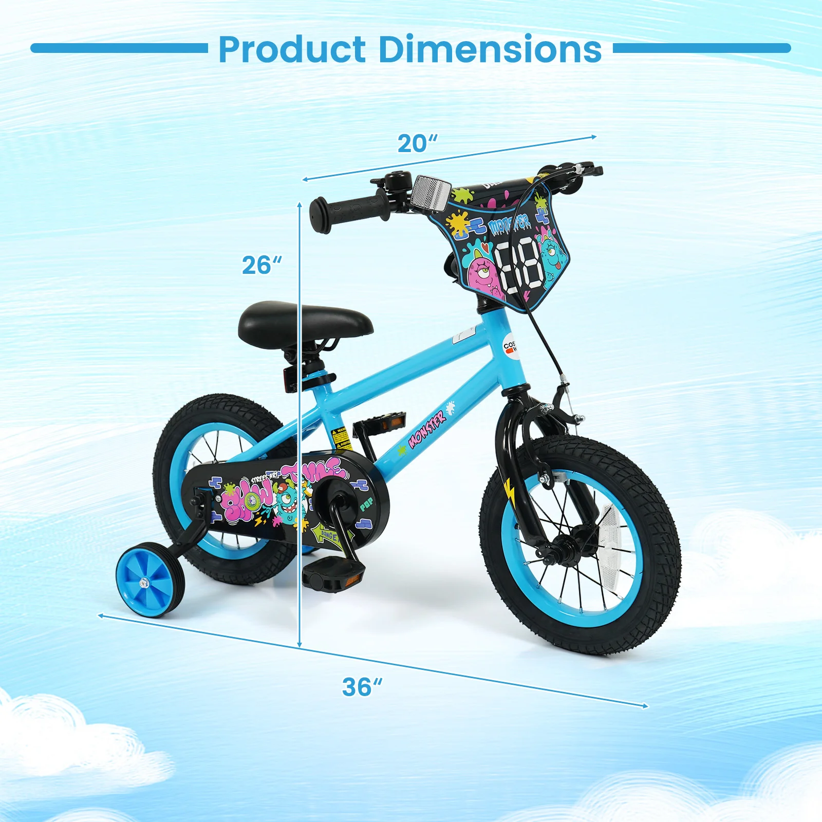 12 Inch Kids Bike with Training Wheels for Ages 3-8 Years Old Blue- Street Art Time, Blue - Image 5