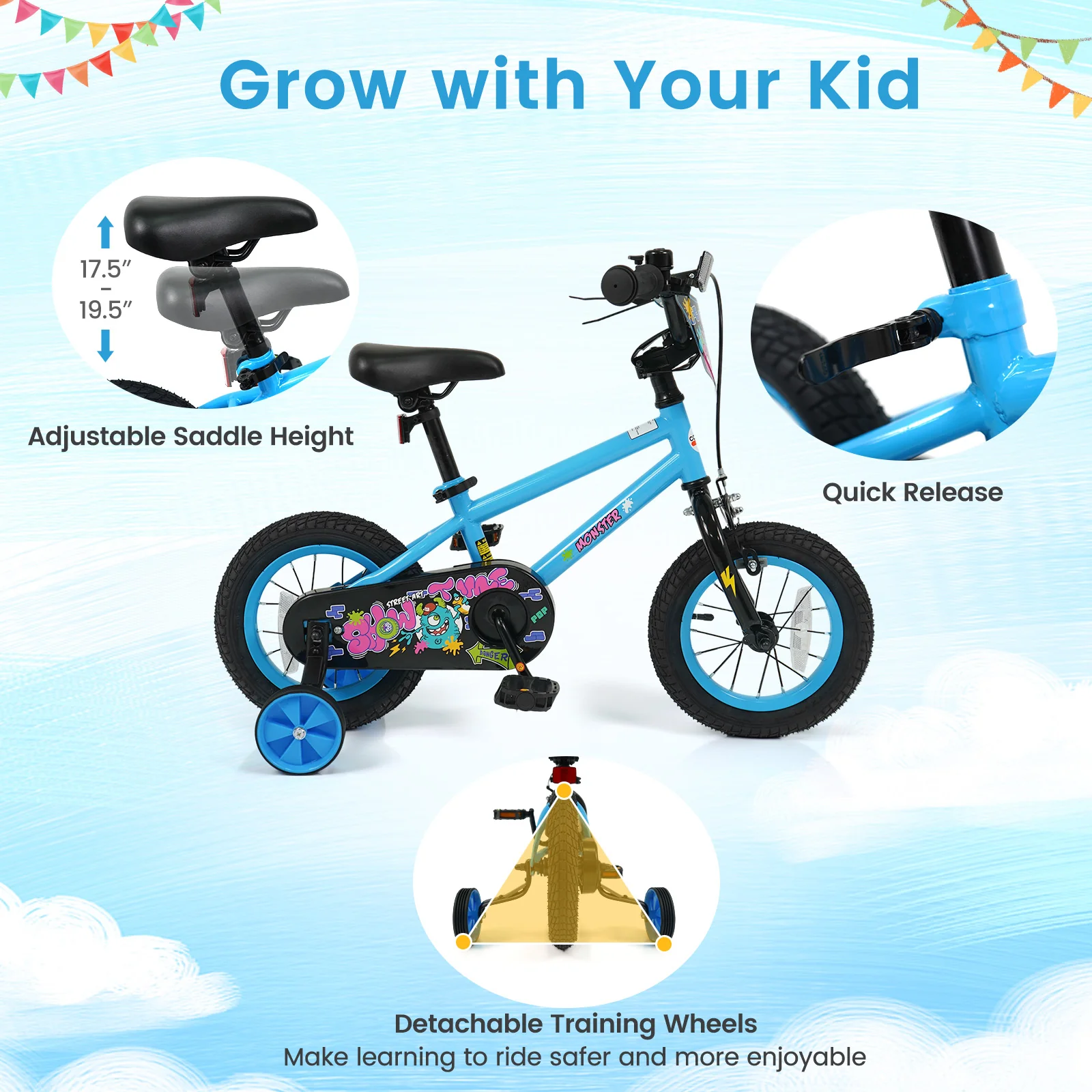 12 Inch Kids Bike with Training Wheels for Ages 3-8 Years Old Blue- Street Art Time, Blue - Image 8