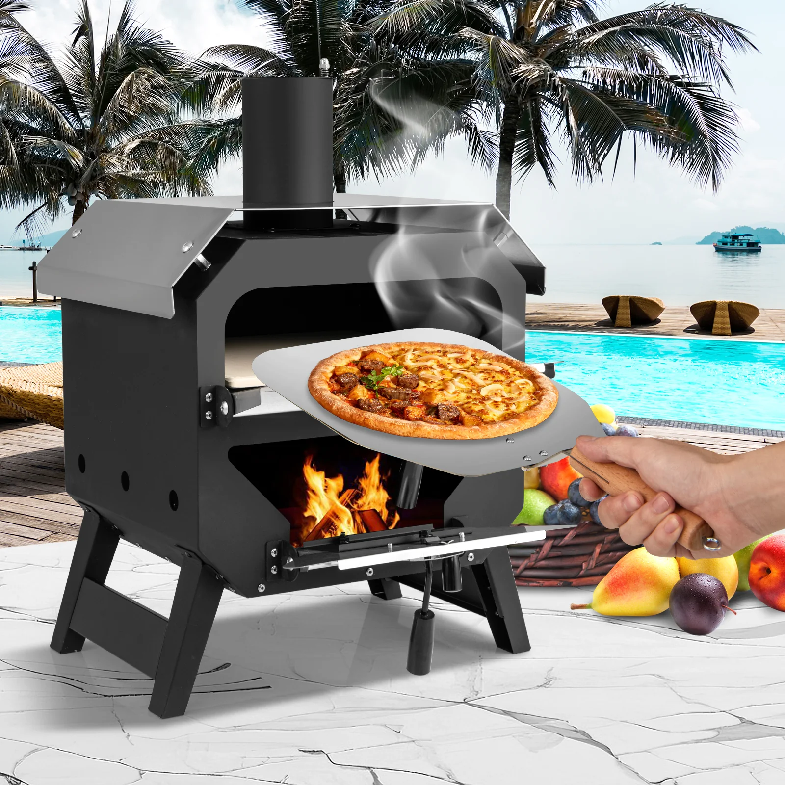 12 Inch Outdoor Pizza Oven With Pizza Stone, Black - Image 2