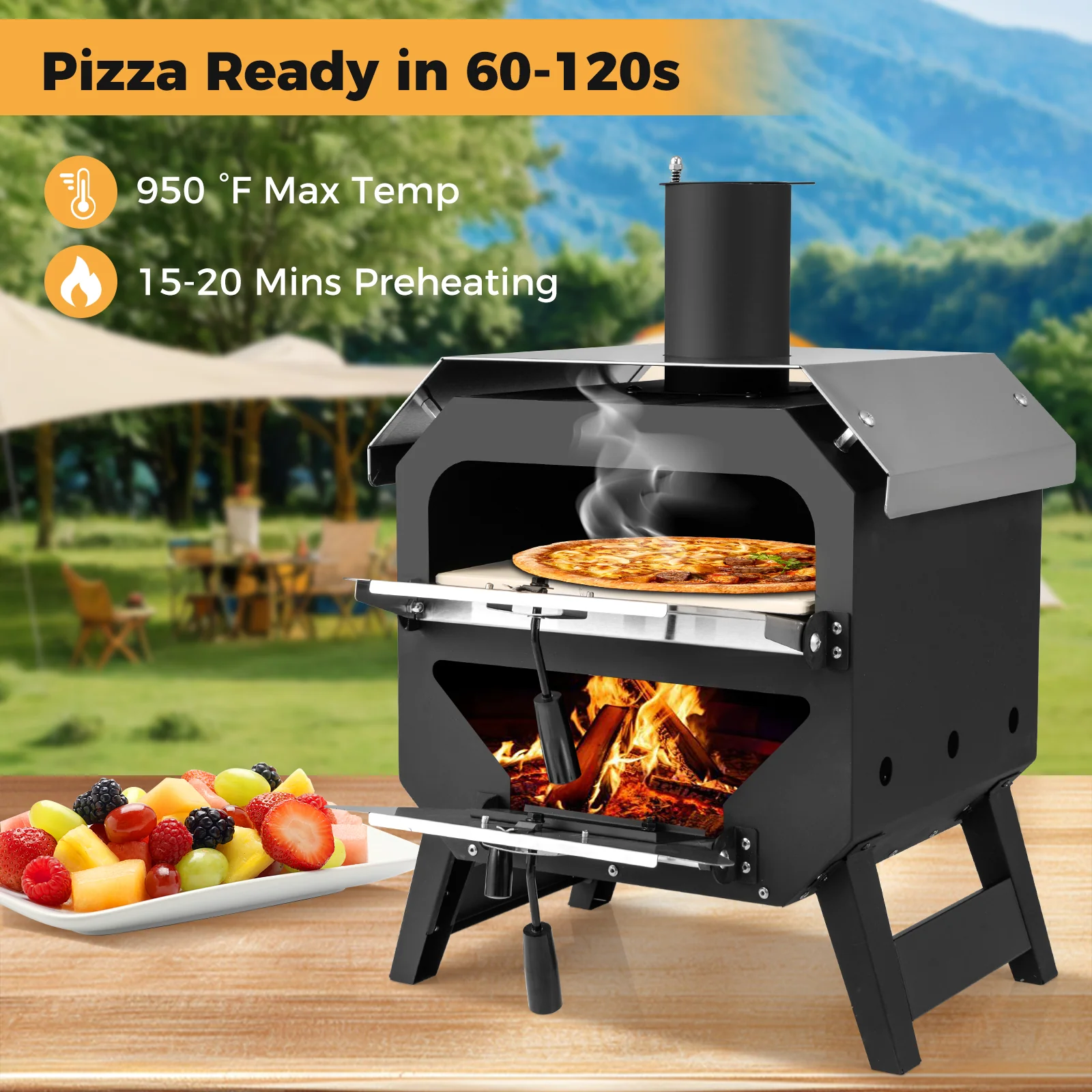 12 Inch Outdoor Pizza Oven With Pizza Stone, Black - Image 3