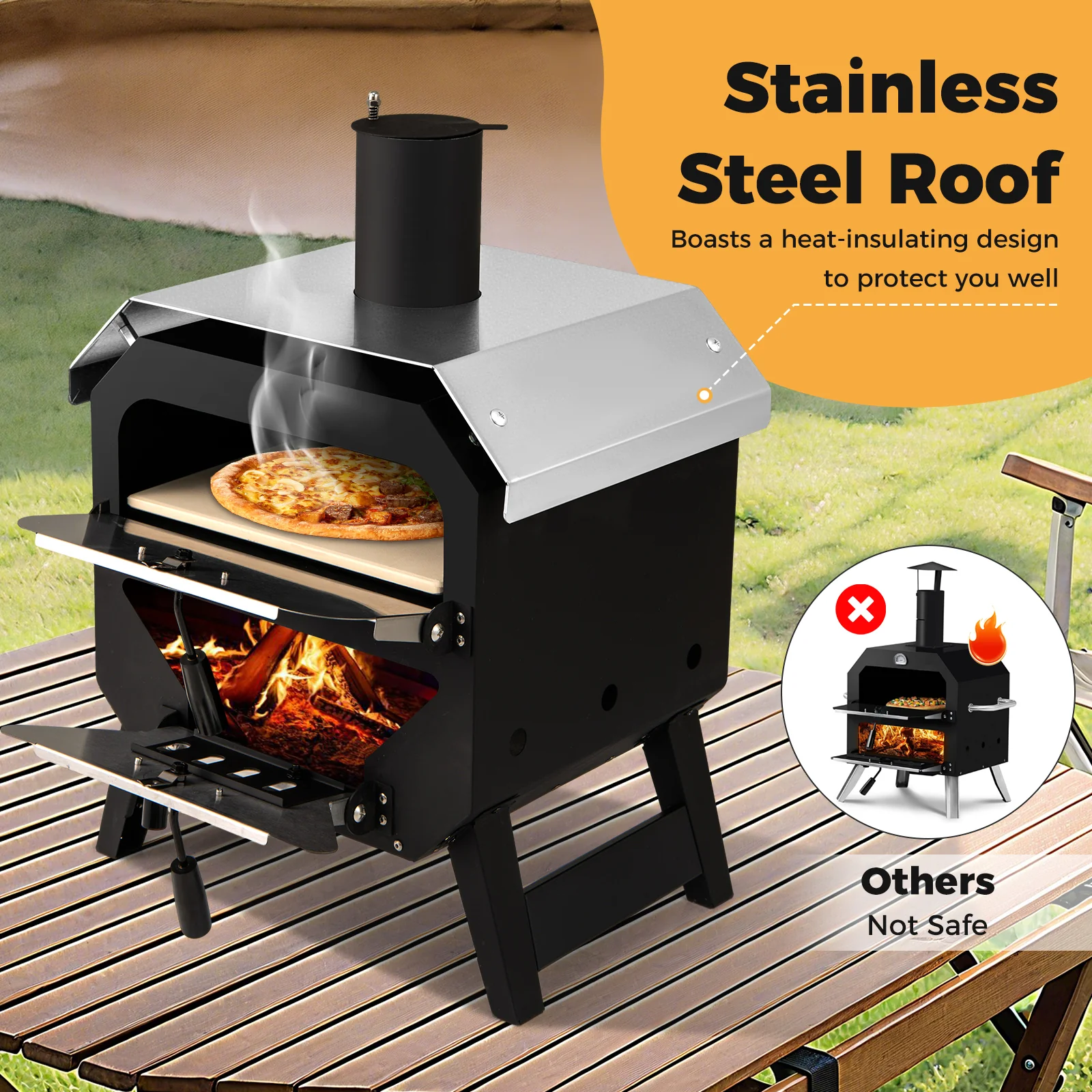 12 Inch Outdoor Pizza Oven With Pizza Stone, Black - Image 7