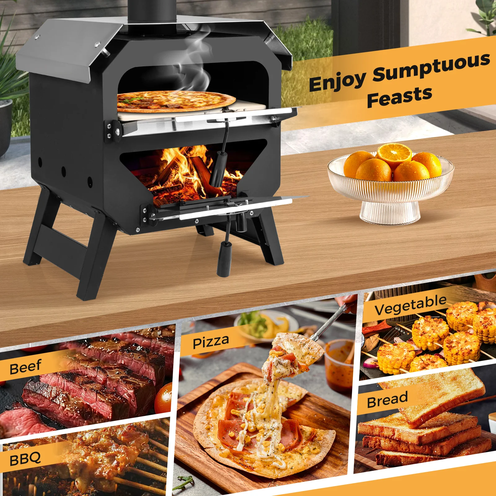 12 Inch Outdoor Pizza Oven With Pizza Stone, Black - Image 9