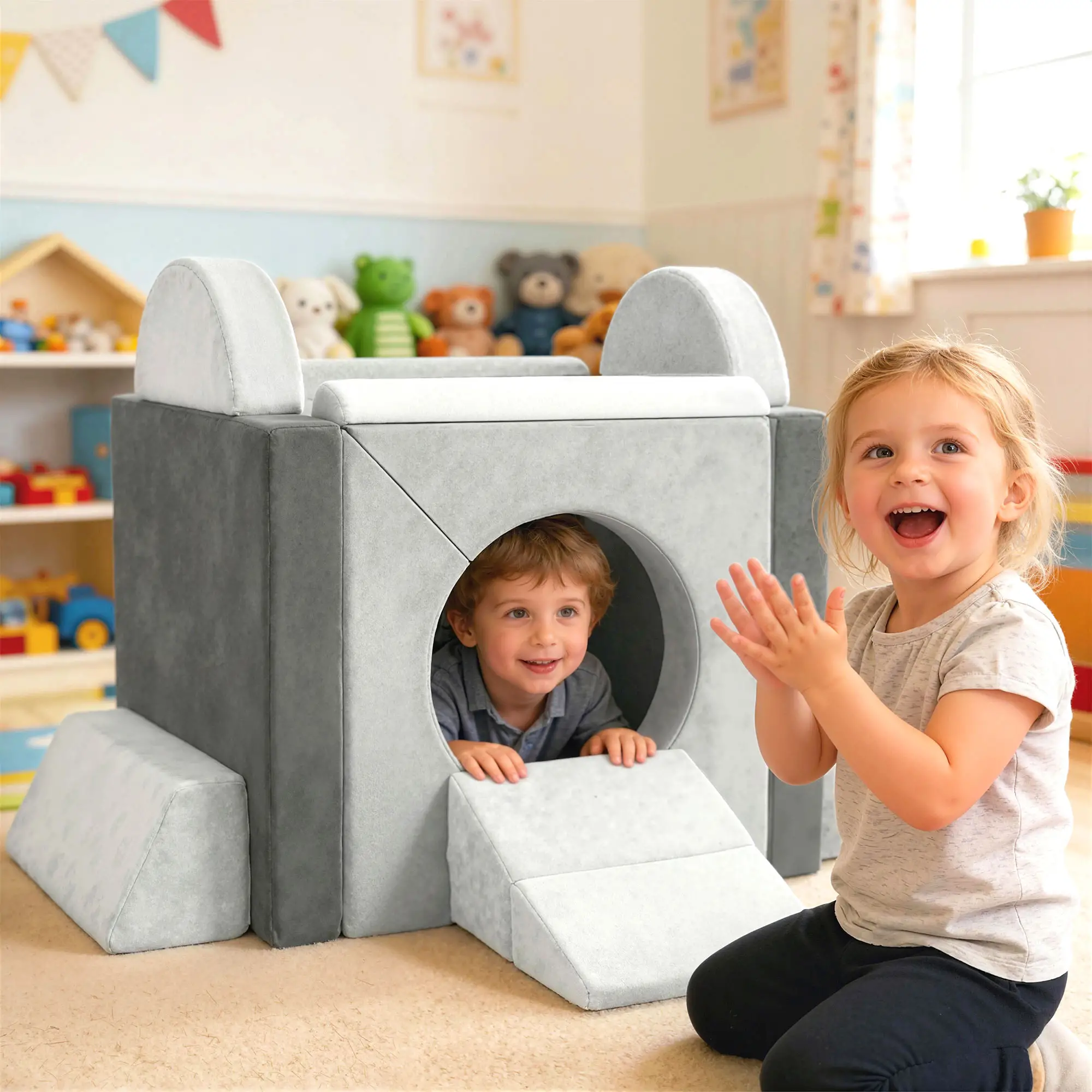 12 PCS Modular Kids Play Couch, Toddler Sectional Sofa, Grey - Image 2