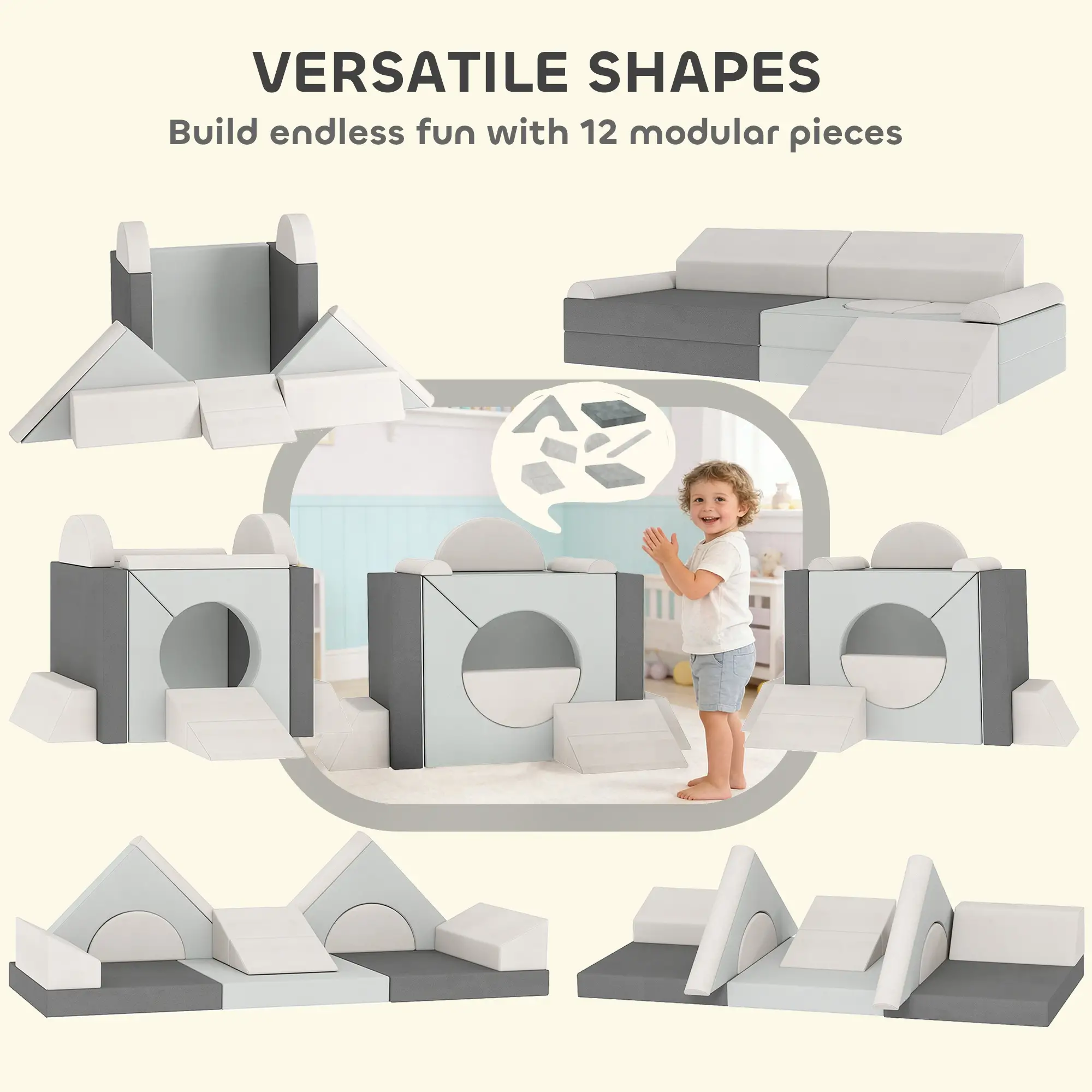 12 PCS Modular Kids Play Couch, Toddler Sectional Sofa, Grey - Image 4