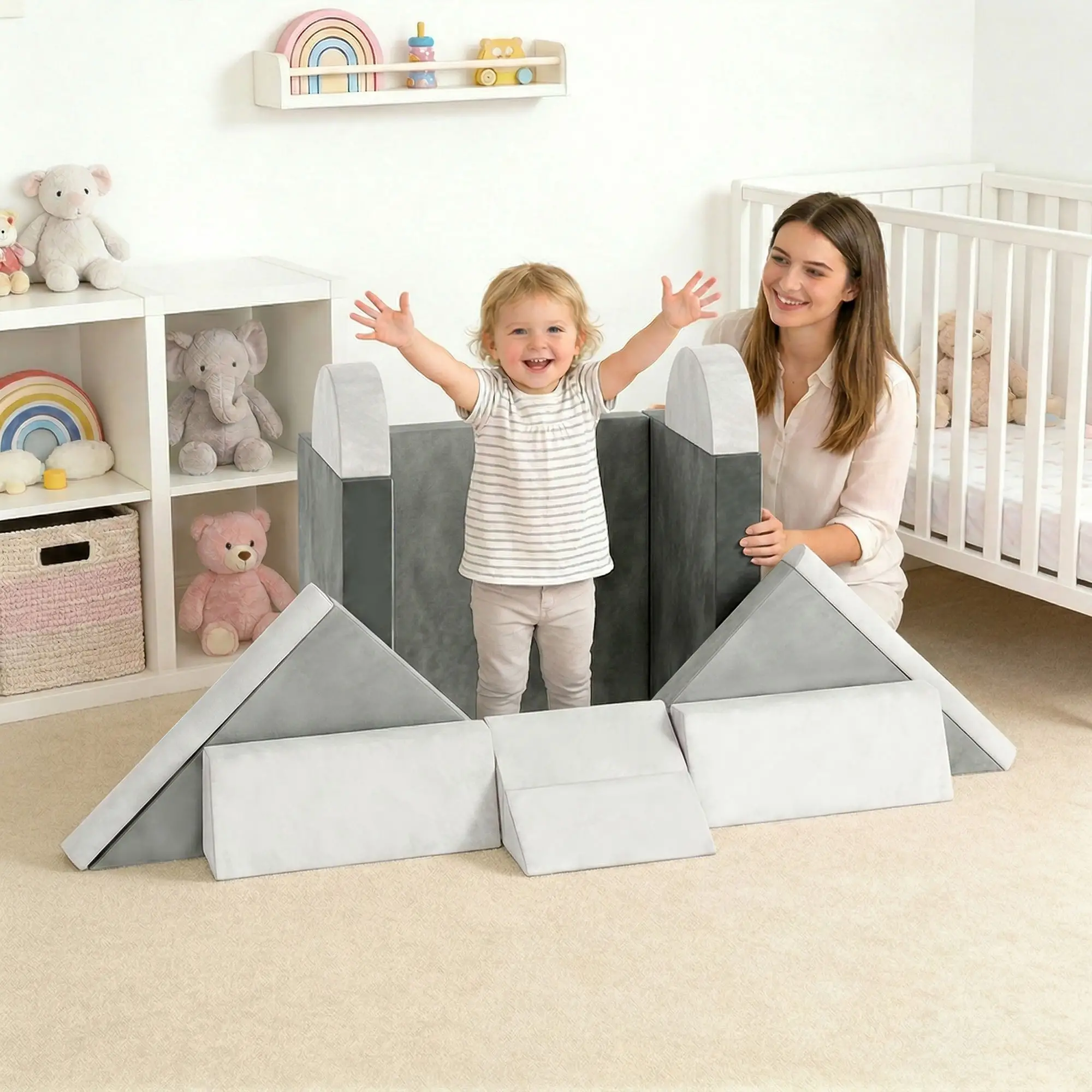 12 PCS Modular Kids Play Couch, Toddler Sectional Sofa, Grey - Image 8
