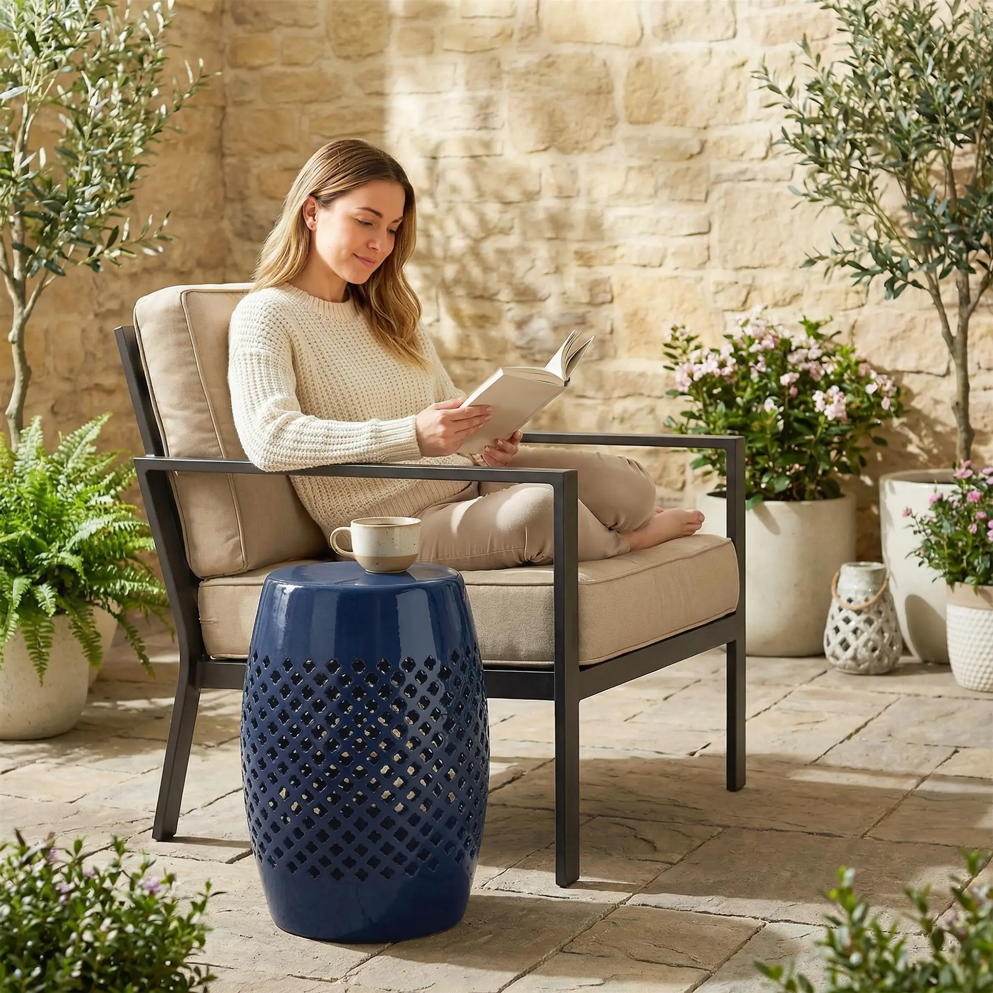 12" Steel Round Hollow Drum Side Table, Navy Blue - Image 10