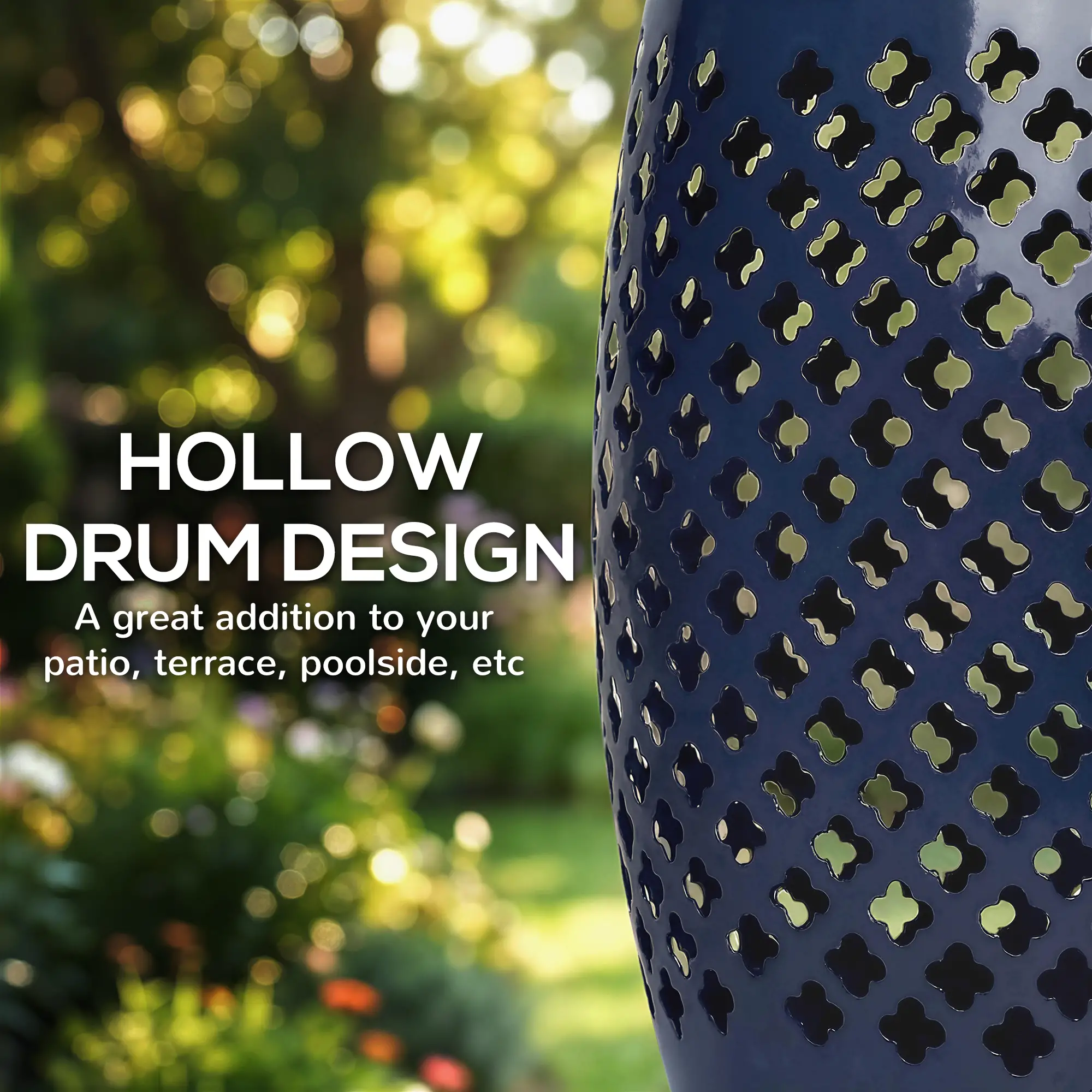 12" Steel Round Hollow Drum Side Table, Navy Blue - Image 4