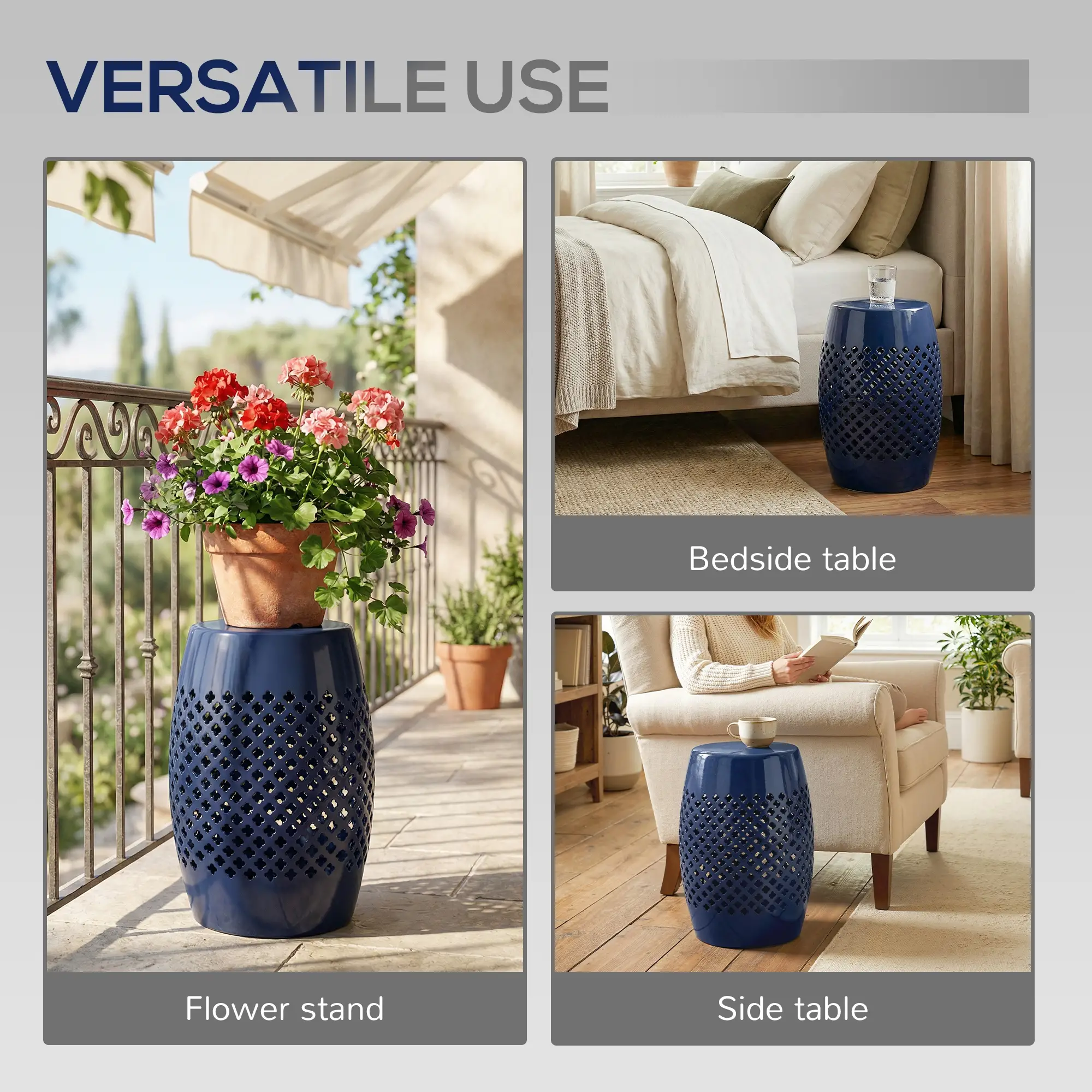 12" Steel Round Hollow Drum Side Table, Navy Blue - Image 5