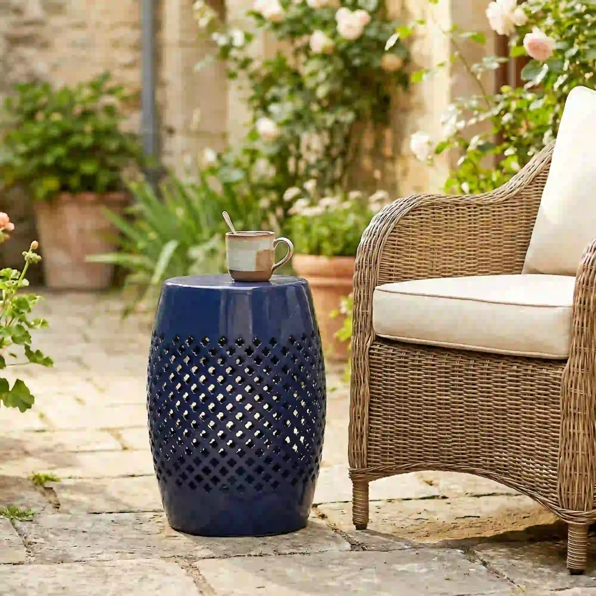 12" Steel Round Hollow Drum Side Table, Navy Blue - Image 7