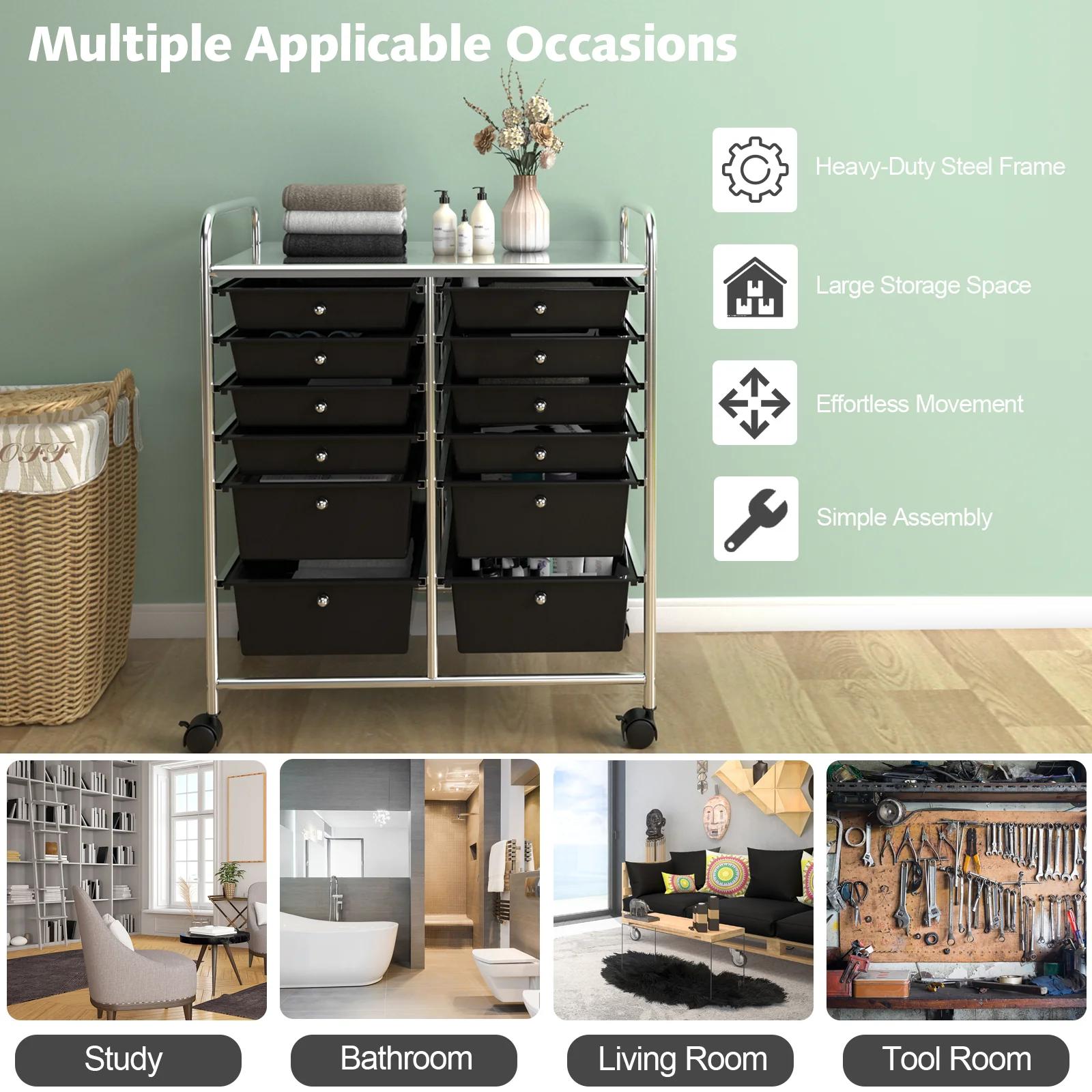12 Storage Drawer Organizer Bins Rolling Cart, Black - Image 10