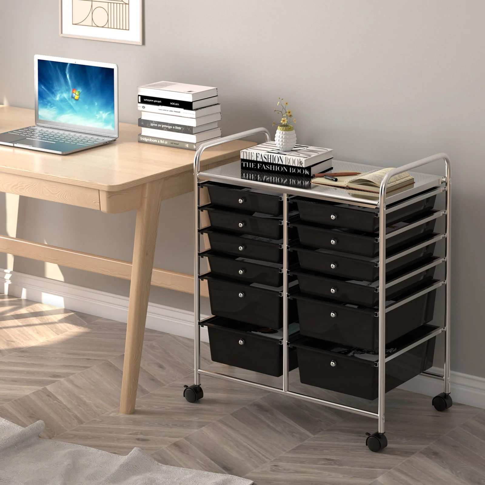 12 Storage Drawer Organizer Bins Rolling Cart, Black - Image 3