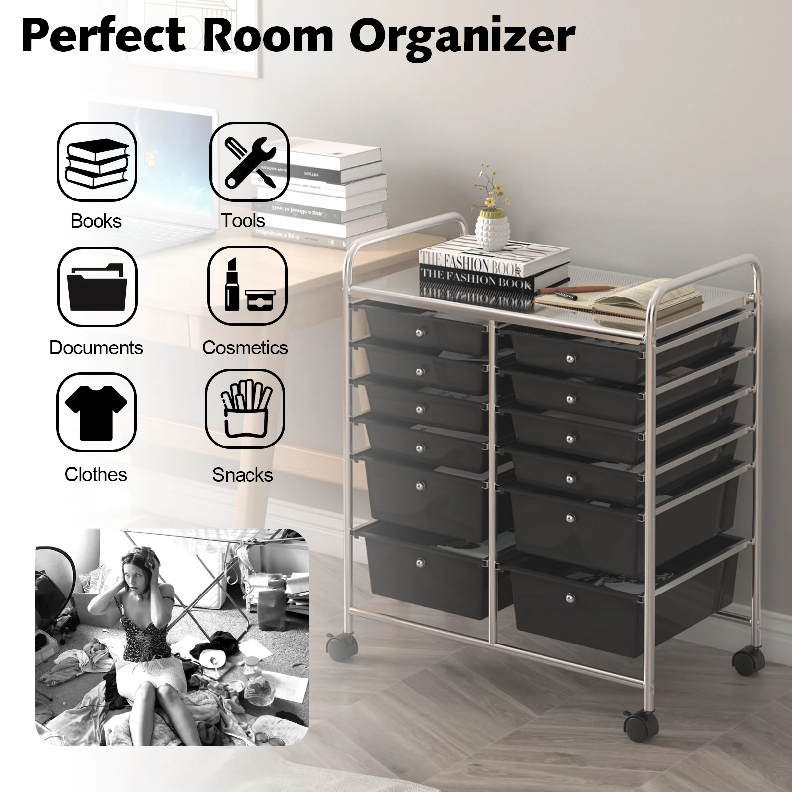 12 Storage Drawer Organizer Bins Rolling Cart, Black - Image 4
