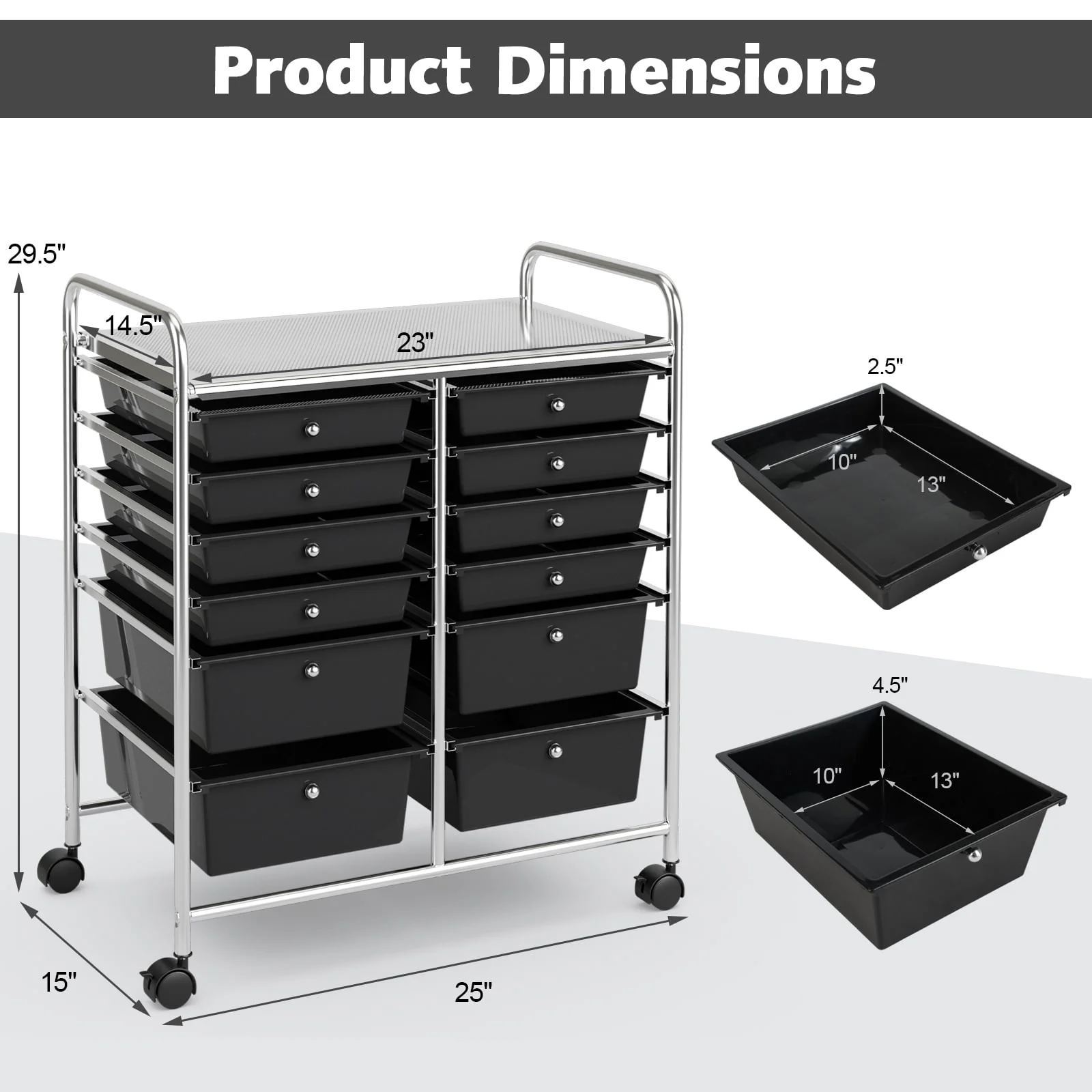 12 Storage Drawer Organizer Bins Rolling Cart, Black - Image 5