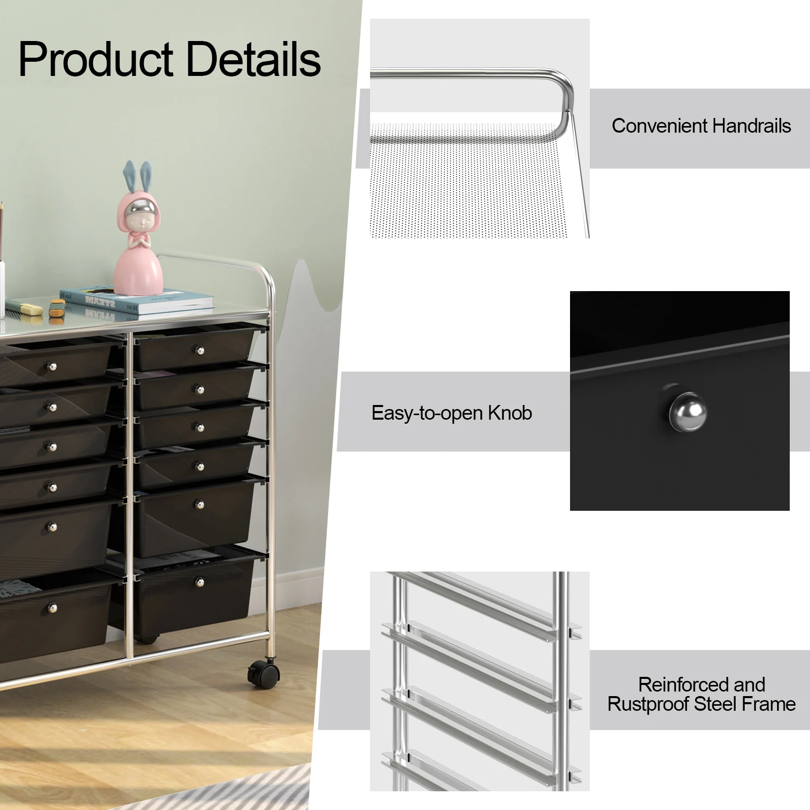 12 Storage Drawer Organizer Bins Rolling Cart, Black - Image 6