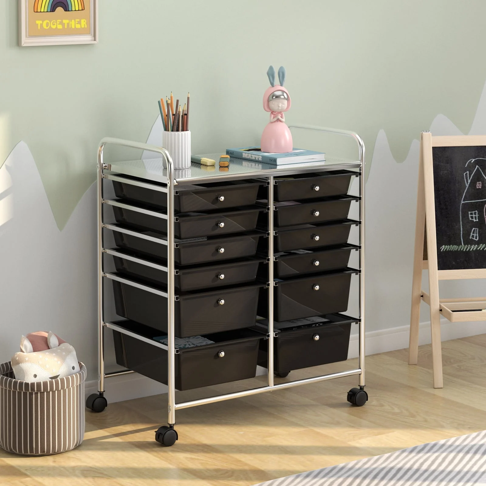 12 Storage Drawer Organizer Bins Rolling Cart, Black - Image 7