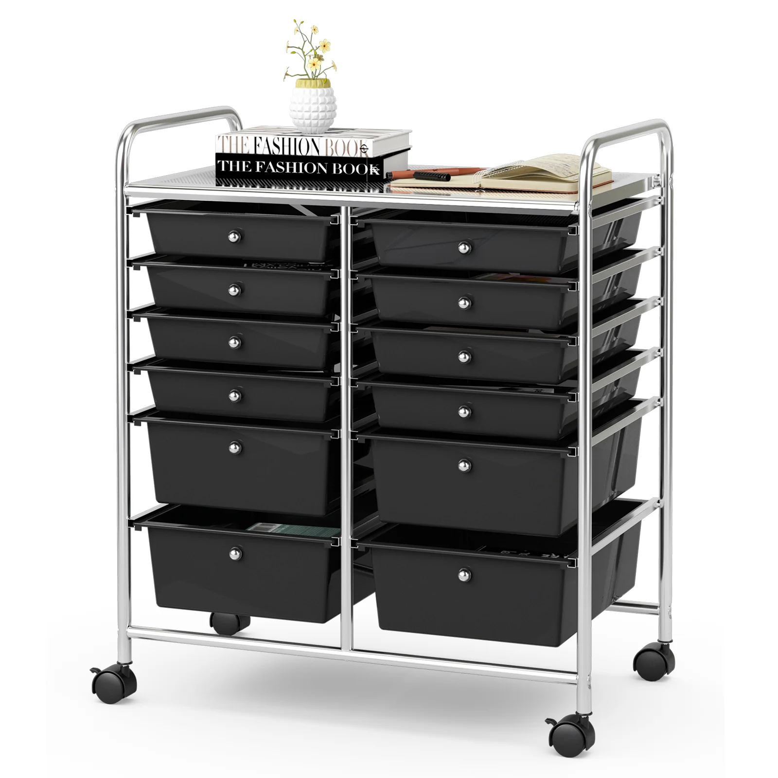 12 Storage Drawer Organizer Bins Rolling Cart, Black - Image 8