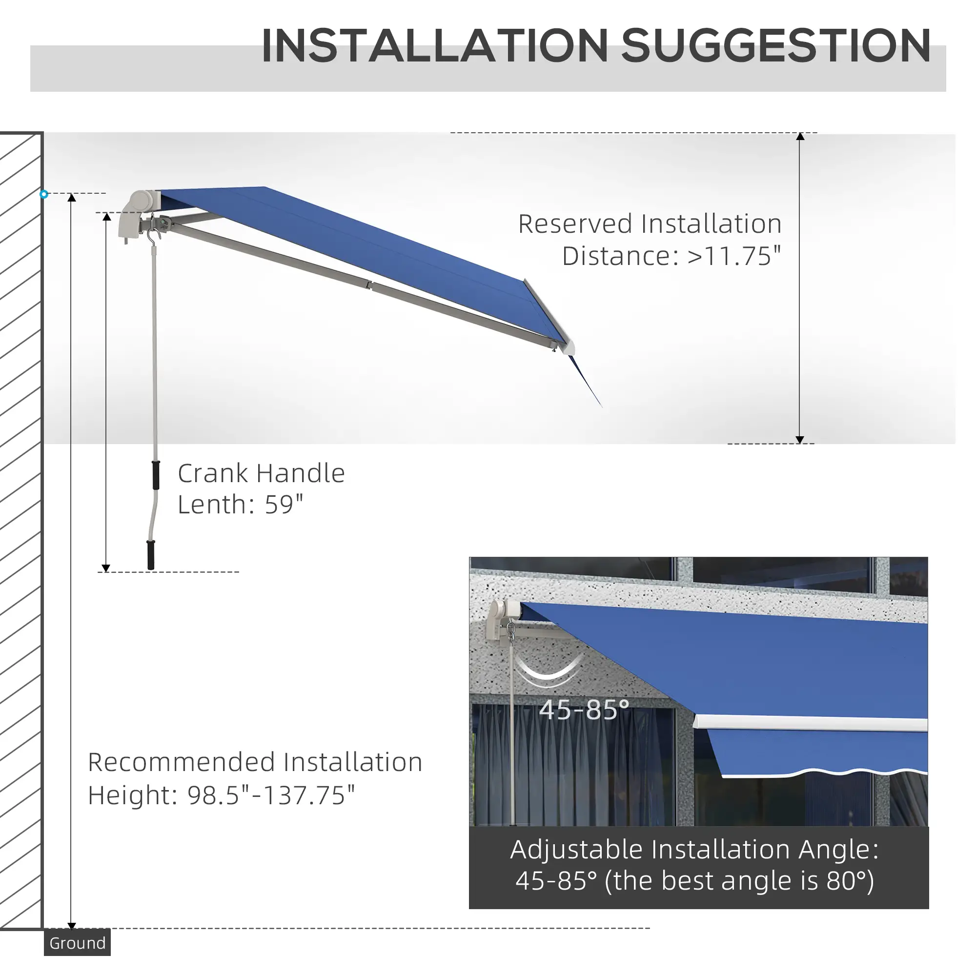 12' x 10' Manual Retractable Awning, Adjustable Sunshade, Dark Blue - Image 10