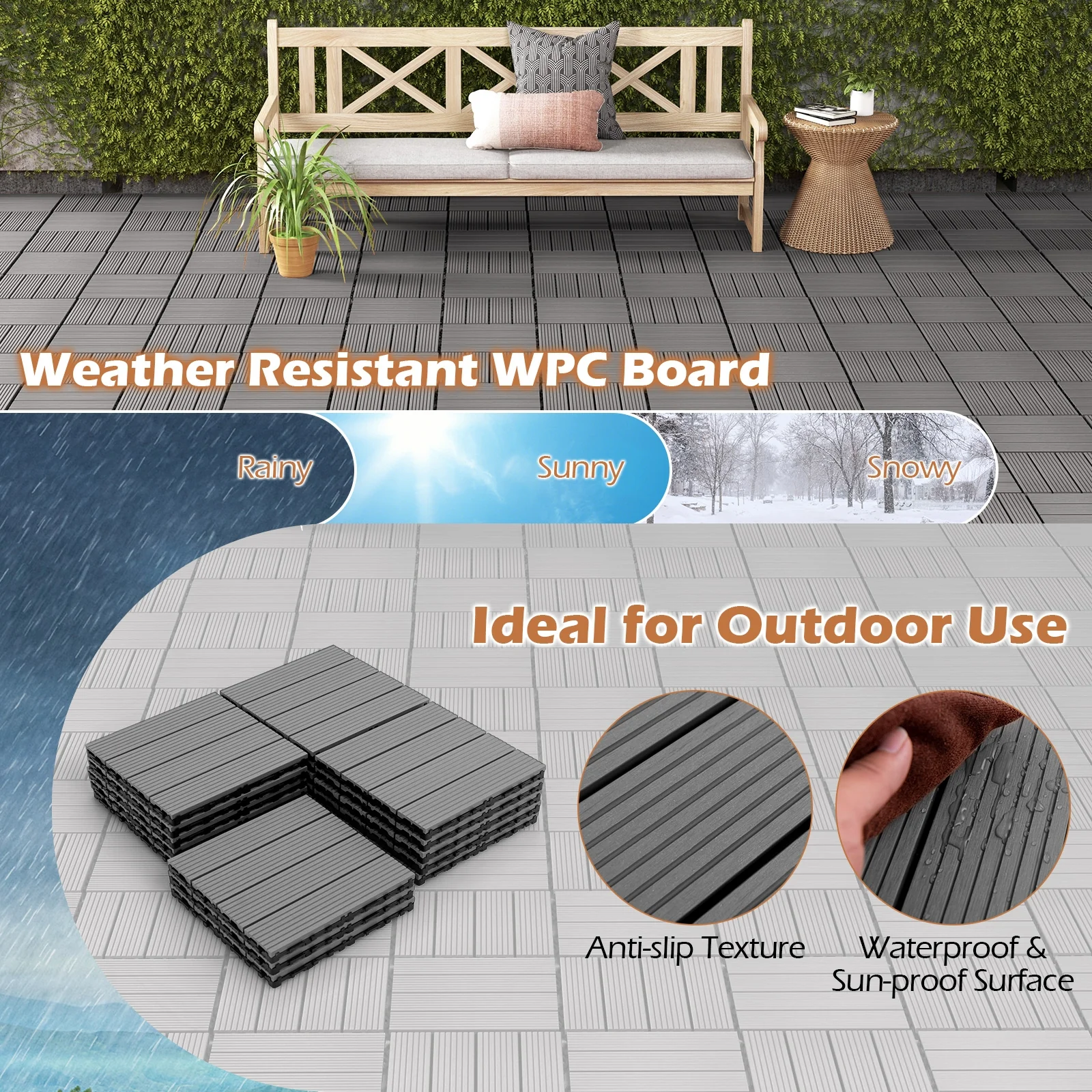 12 x 12 Inch 18 Piece Interlocking Deck Tiles, Gray - Image 8