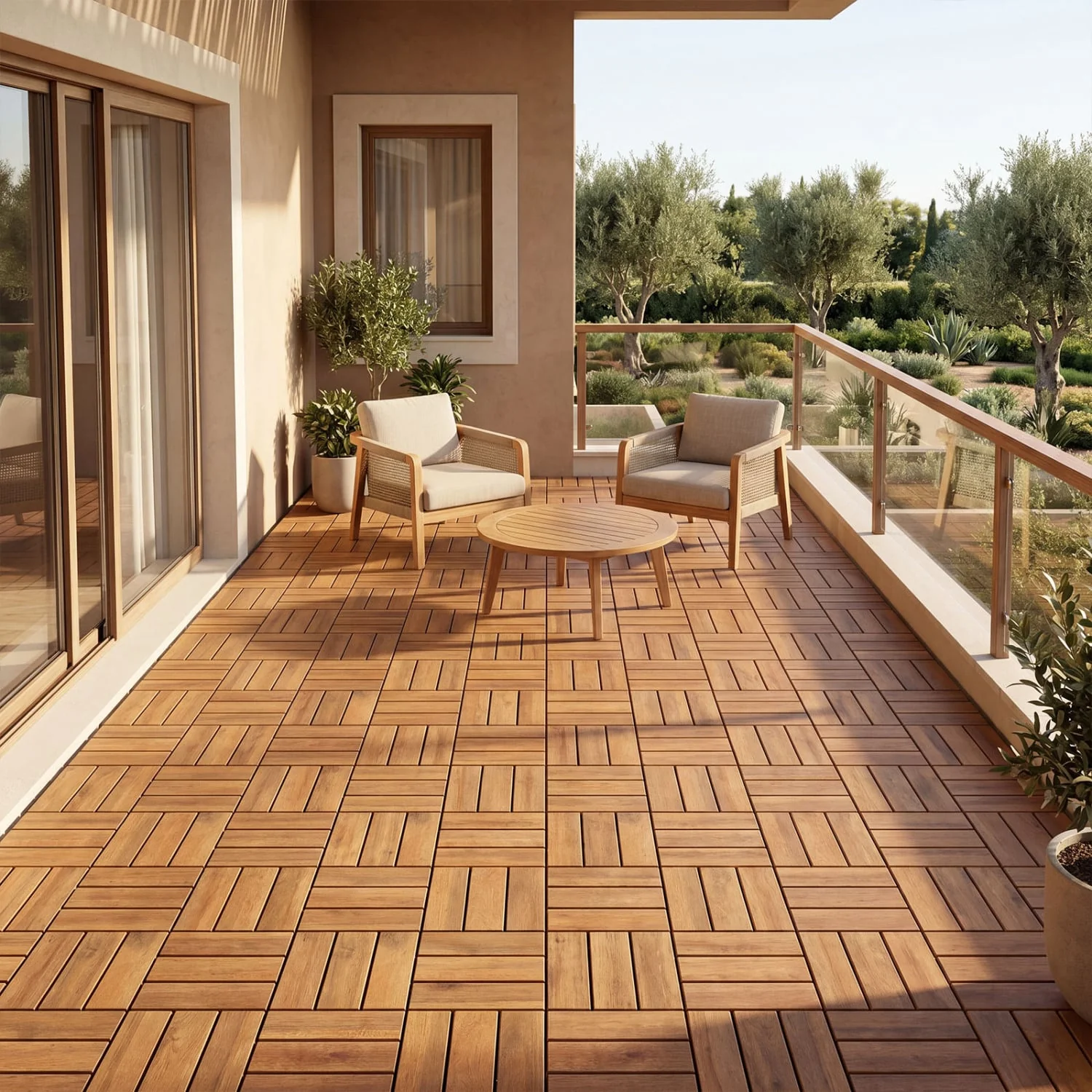 12 x 12 Inch 27 Piece Acacia Wood Interlocking Deck Tiles with Waterproof Design, Natural - Image 2