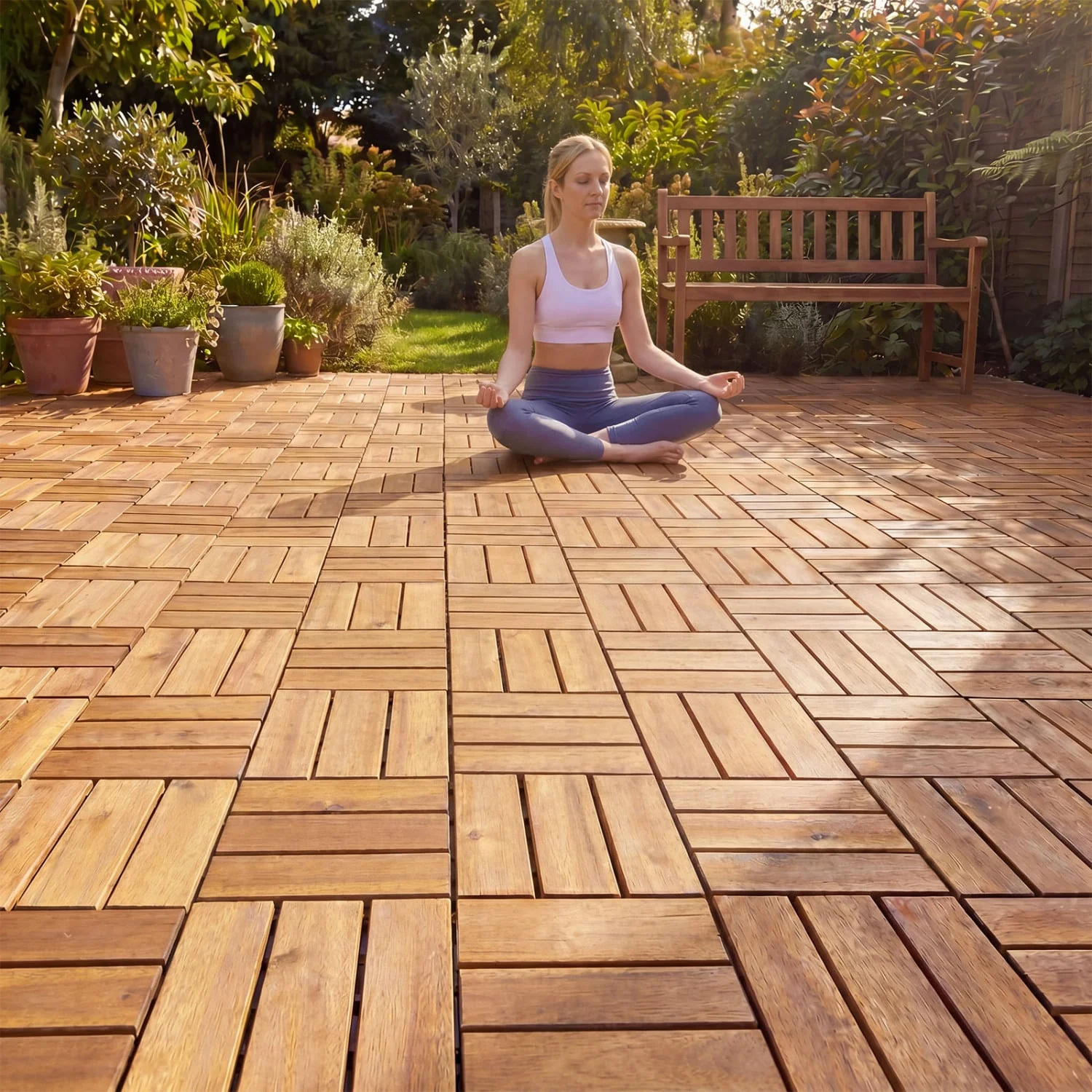 12 x 12 Inch 27 Piece Acacia Wood Interlocking Deck Tiles with Waterproof Design, Natural - Image 3