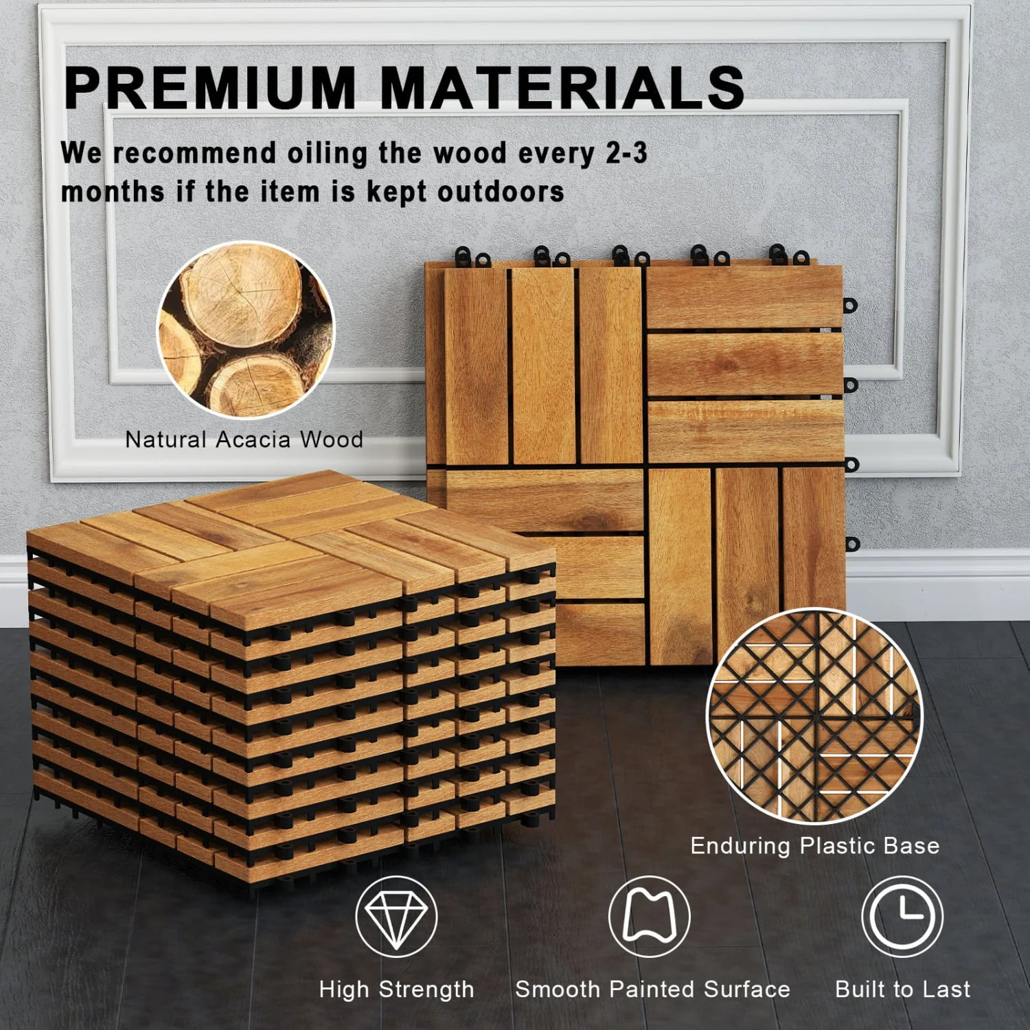 12 x 12 Inch 27 Piece Acacia Wood Interlocking Deck Tiles with Waterproof Design, Natural - Image 7