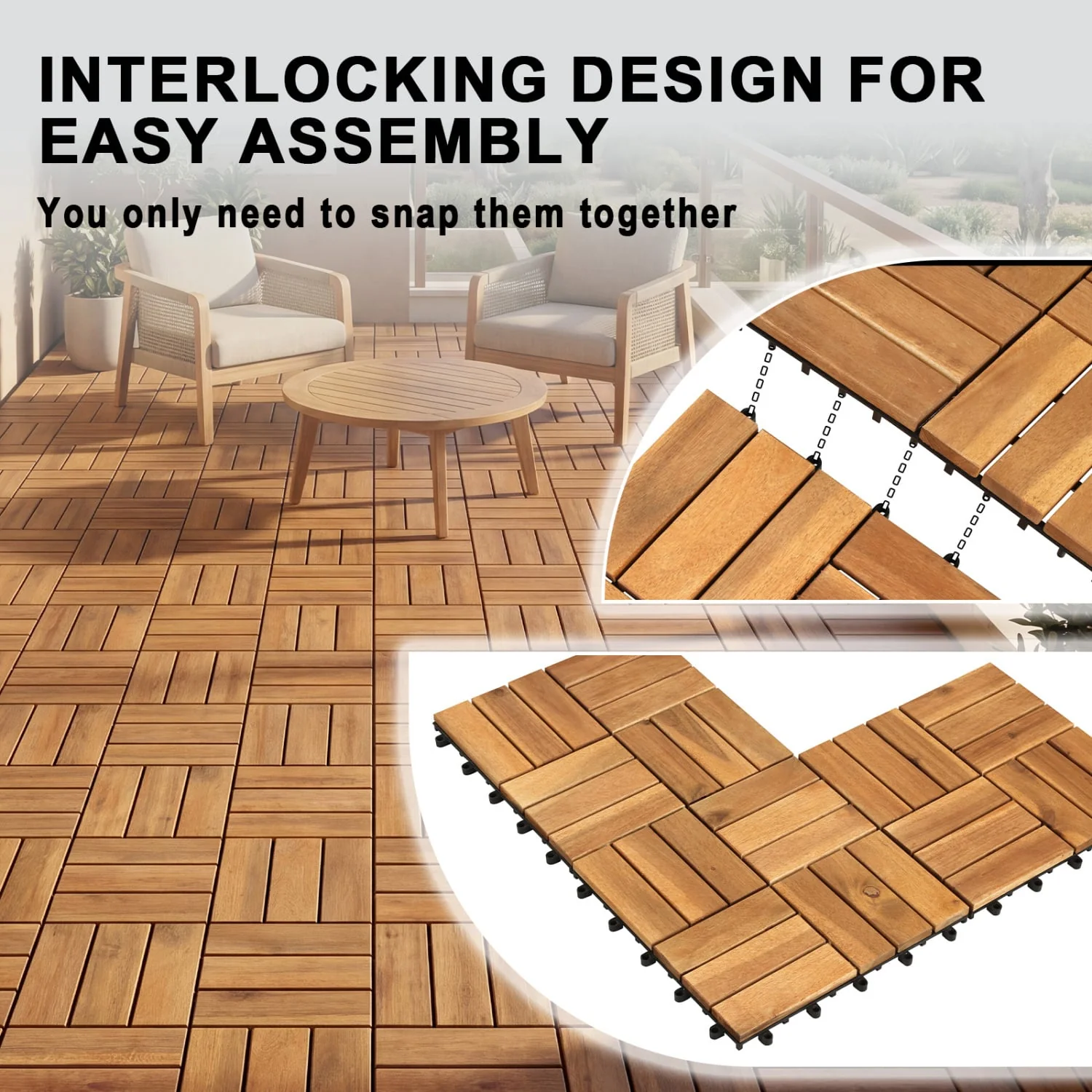 12 x 12 Inch 27 Piece Acacia Wood Interlocking Deck Tiles with Waterproof Design, Natural - Image 8
