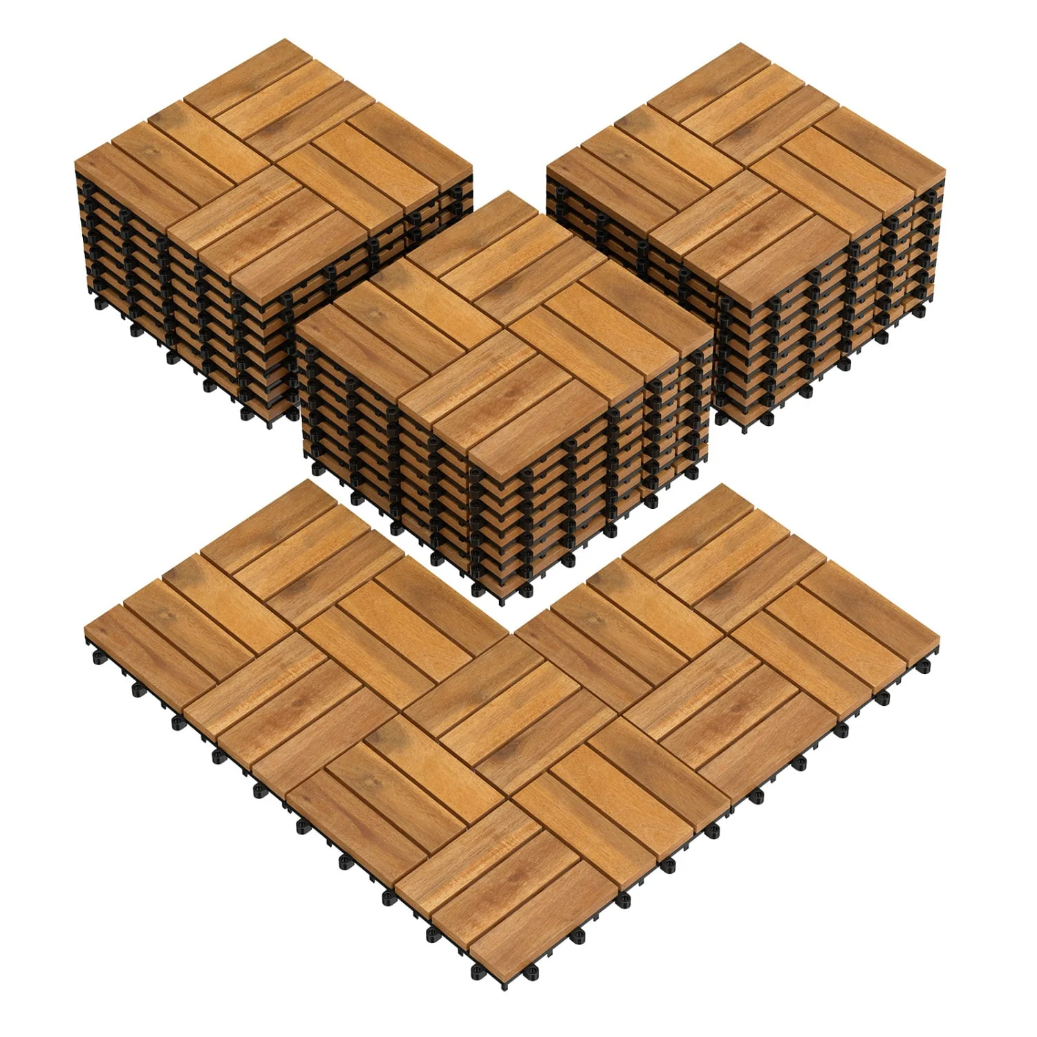 12 x 12 Inch 27 Piece Acacia Wood Interlocking Deck Tiles with Waterproof Design Set of 2, Natural