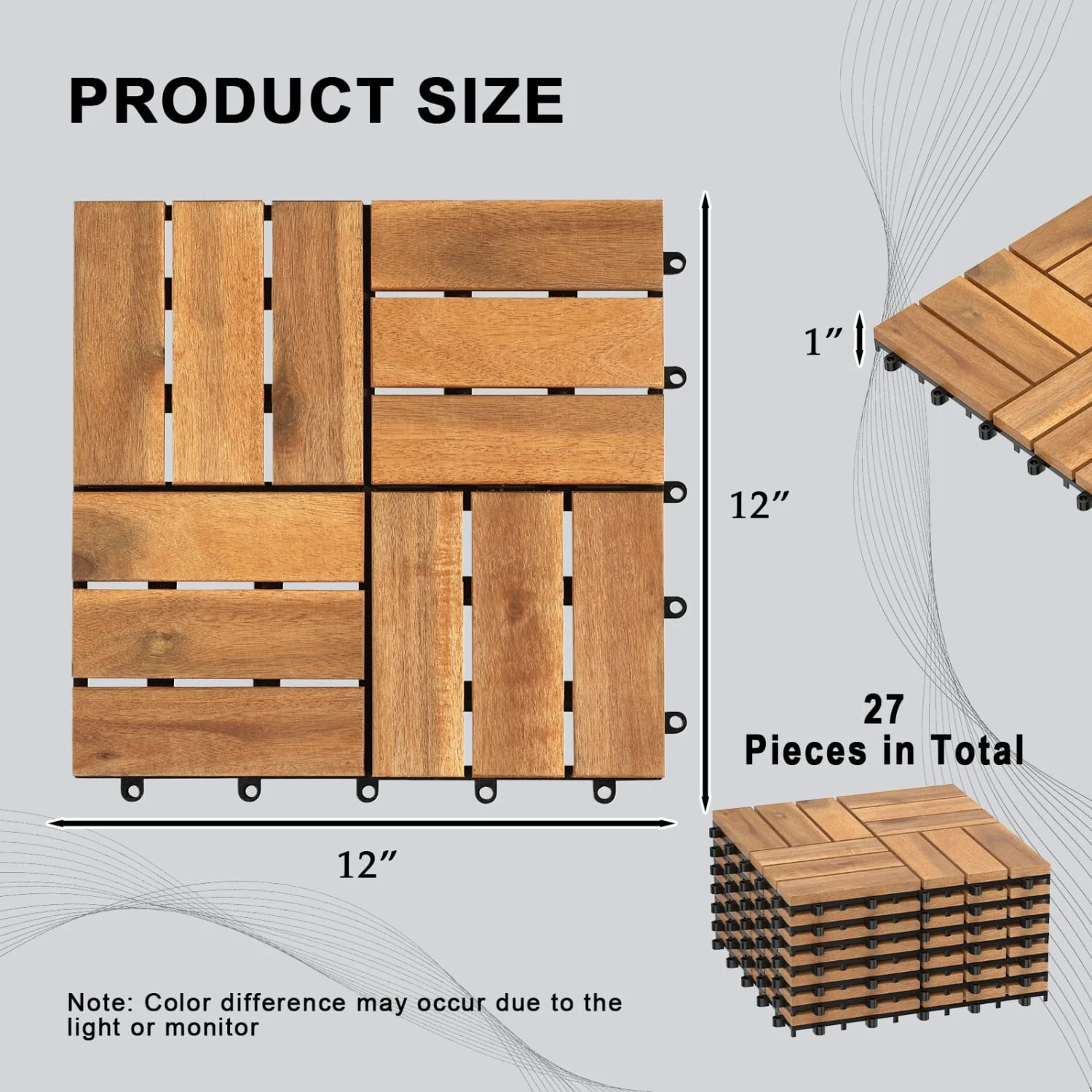 12 x 12 Inch 27 Piece Acacia Wood Interlocking Deck Tiles with Waterproof Design Set of 2, Natural - Image 5
