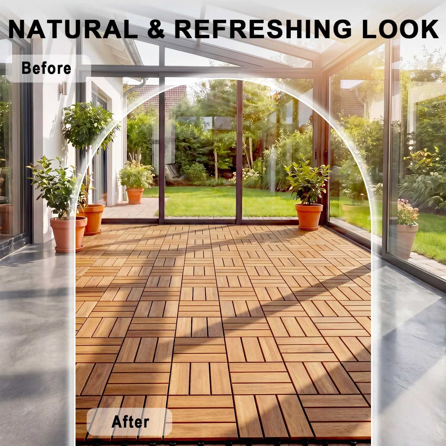 12 x 12 Inch 27 Piece Acacia Wood Interlocking Deck Tiles with Waterproof Design Set of 2, Natural - Image 6