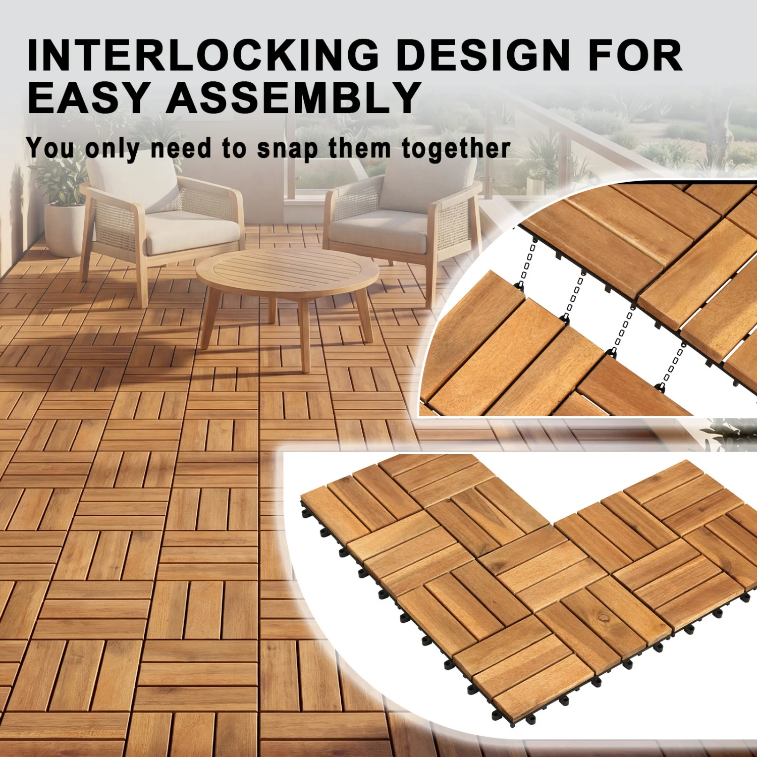 12 x 12 Inch 27 Piece Acacia Wood Interlocking Deck Tiles with Waterproof Design Set of 2, Natural - Image 8