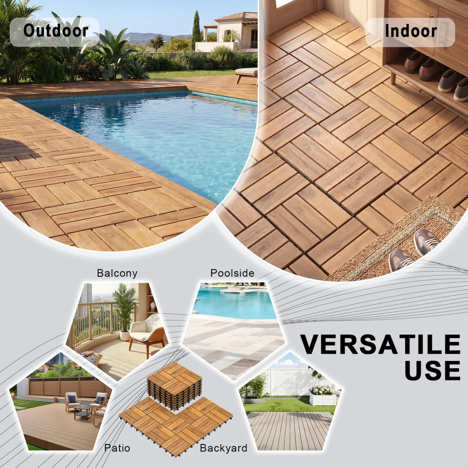 12 x 12 Inch 27 Piece Acacia Wood Interlocking Deck Tiles with Waterproof Design Set of 2, Natural - Image 9