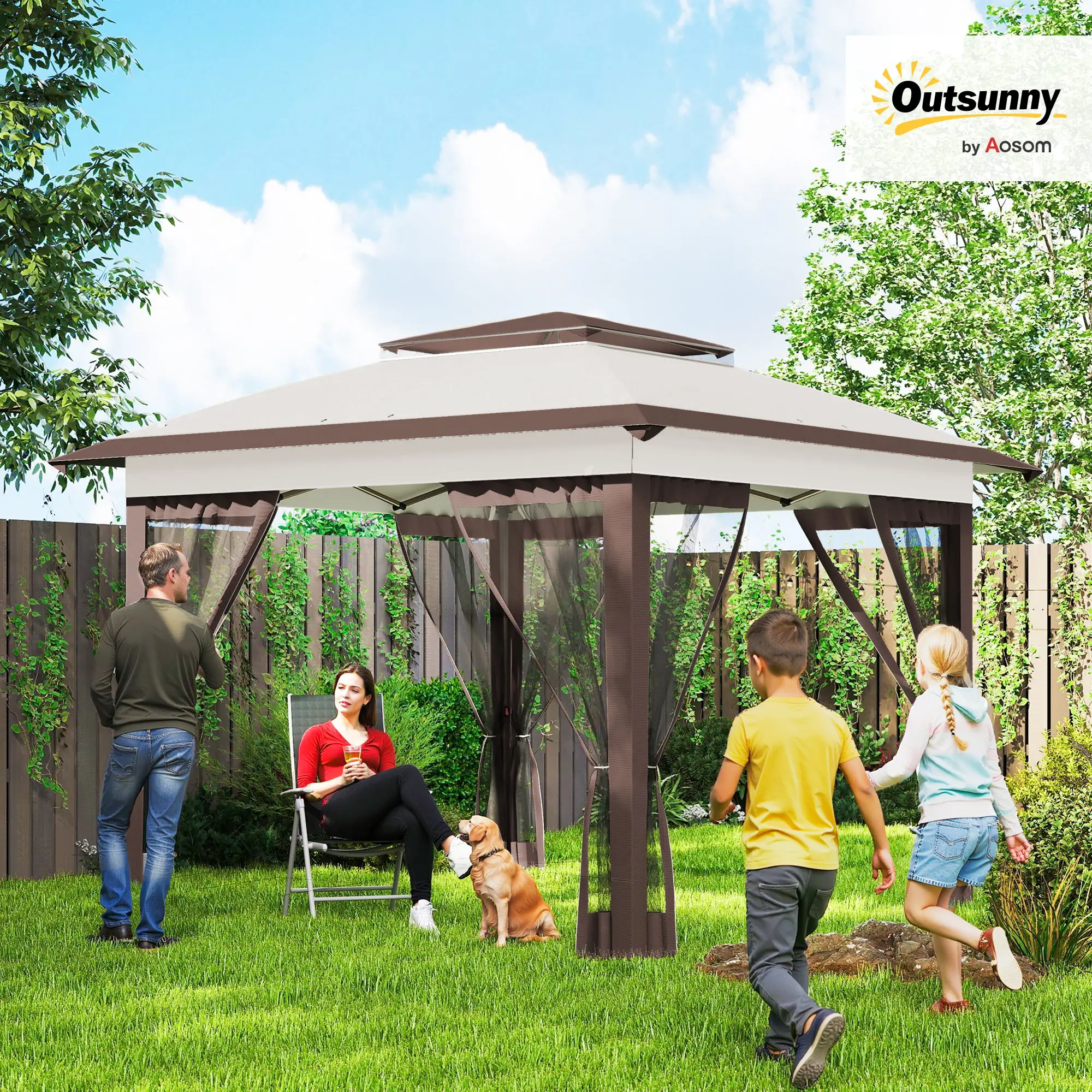 12' x 12' Pop Up Canopy, Sun Shade Tent, Mesh Sidewalls, Beige, Dark Brown - Image 2