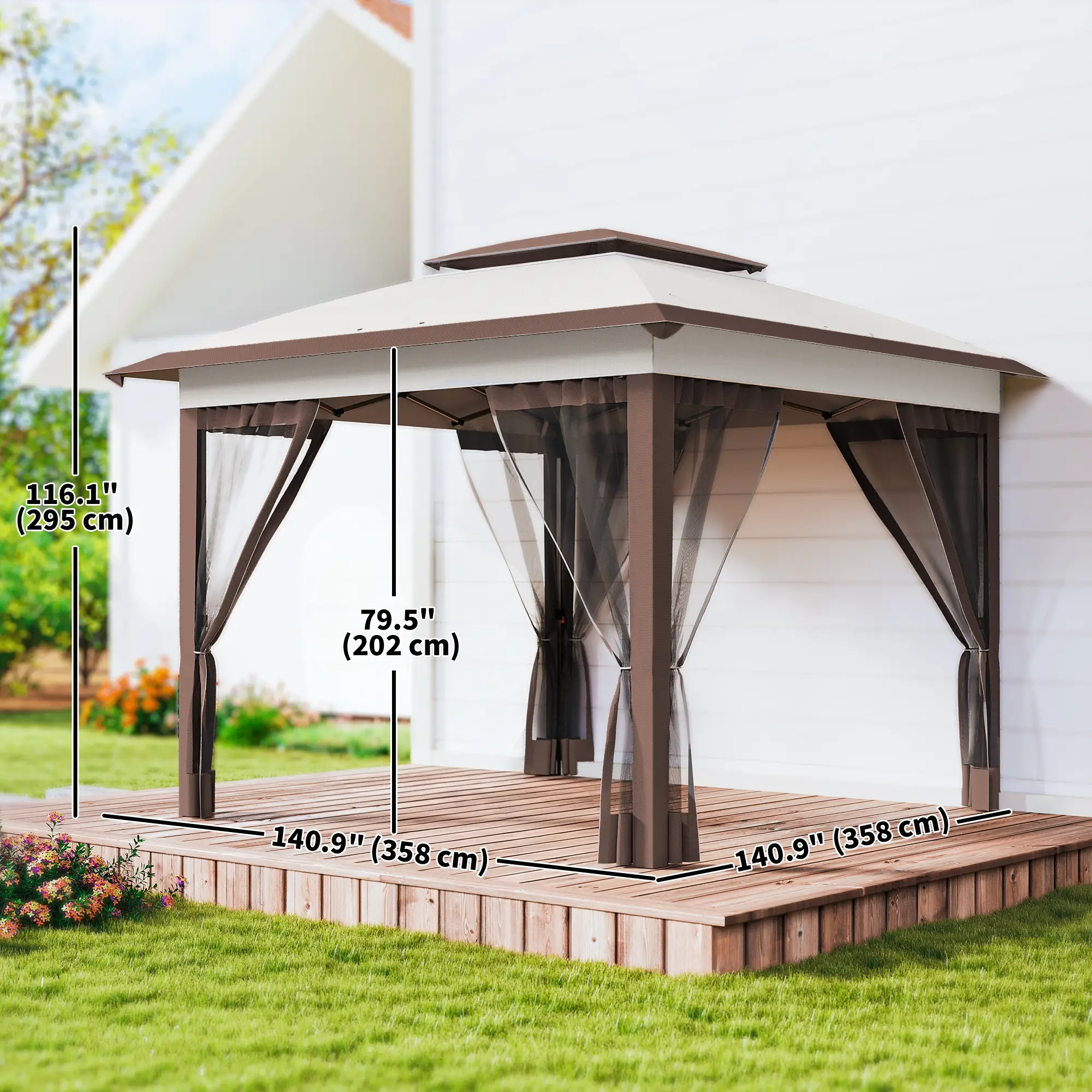 12' x 12' Pop Up Canopy, Sun Shade Tent, Mesh Sidewalls, Beige, Dark Brown - Image 3