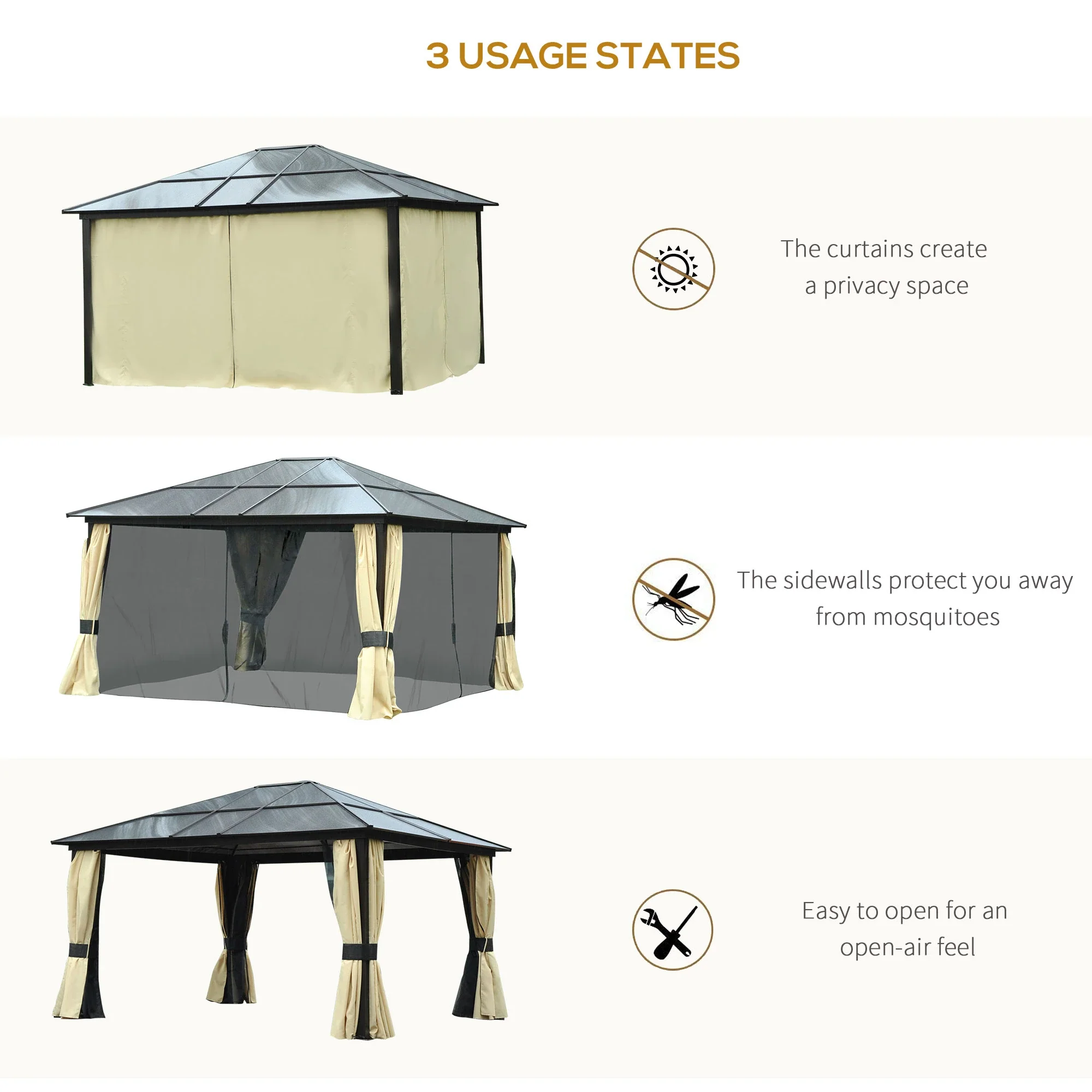 12' x 14' Hard Top Patio Gazebo, Aluminum Shelter, Curtains, Mosquito Netting - Image 6