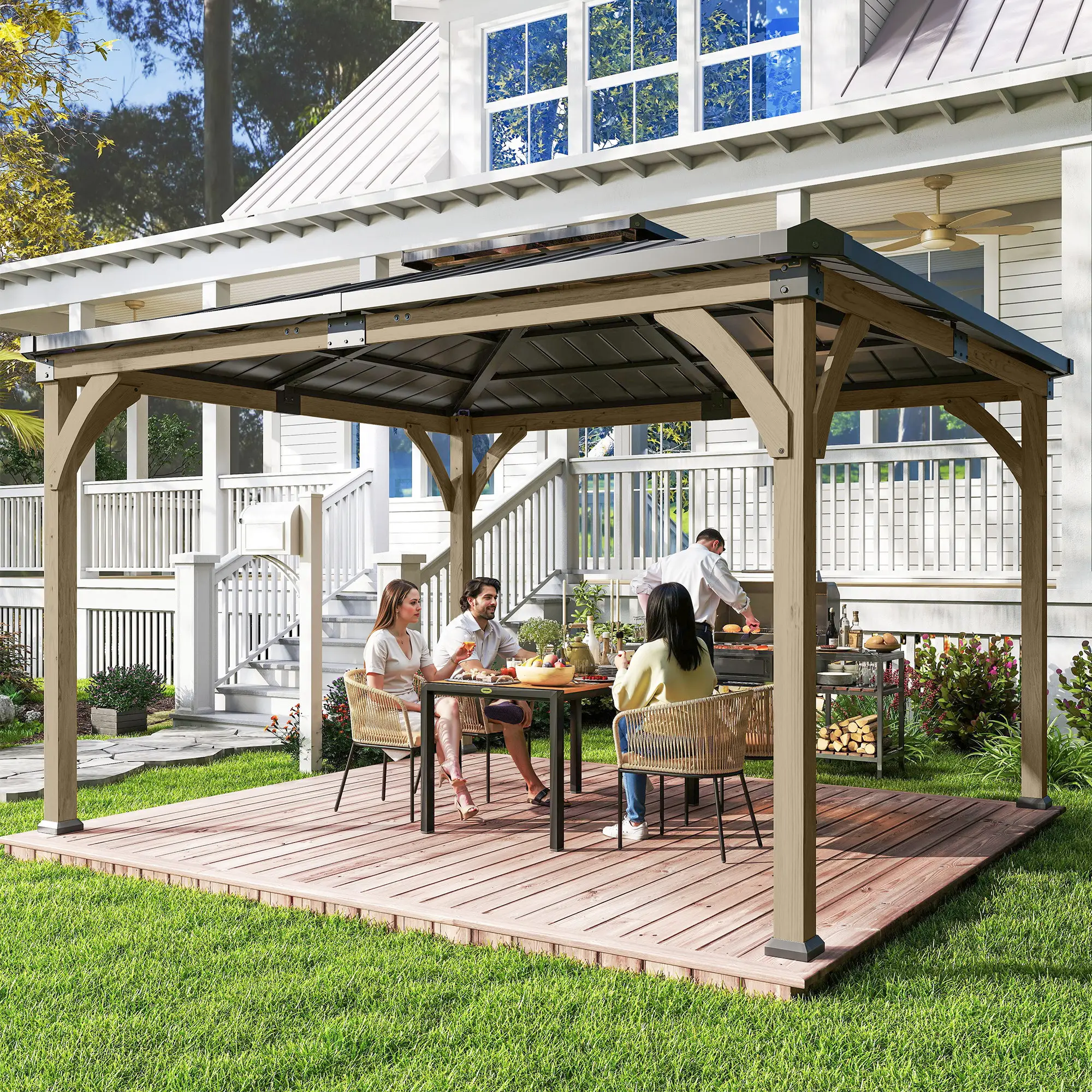 12' x 14' Hardtop Gazebo, Galvanized Steel Roof, Wood Frame, Light Walnut