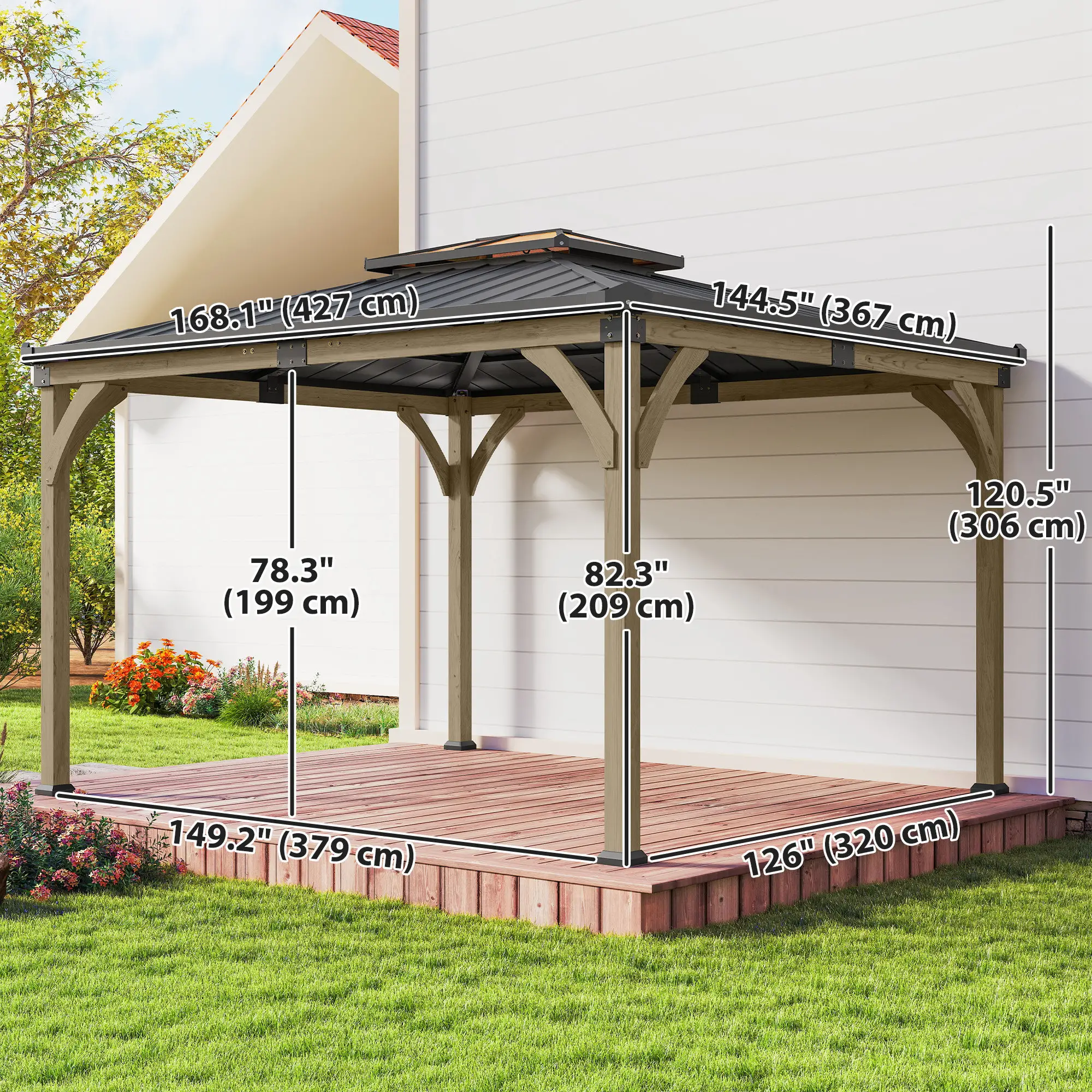 12' x 14' Hardtop Gazebo, Galvanized Steel Roof, Wood Frame, Light Walnut - Image 2