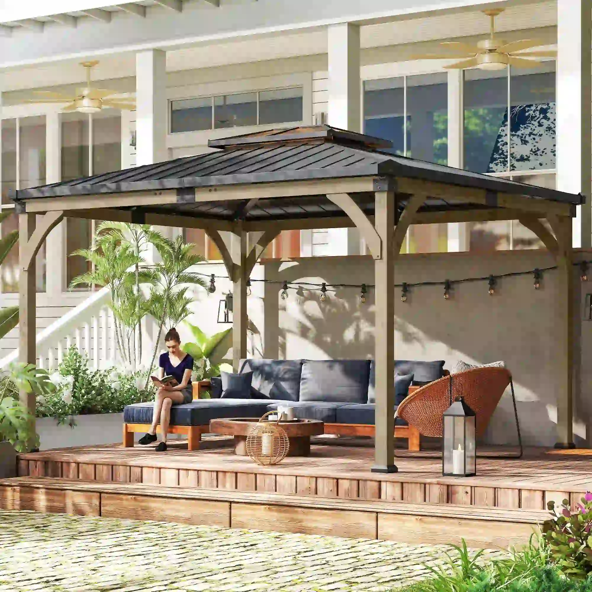 12' x 14' Hardtop Gazebo, Galvanized Steel Roof, Wood Frame, Light Walnut - Image 7