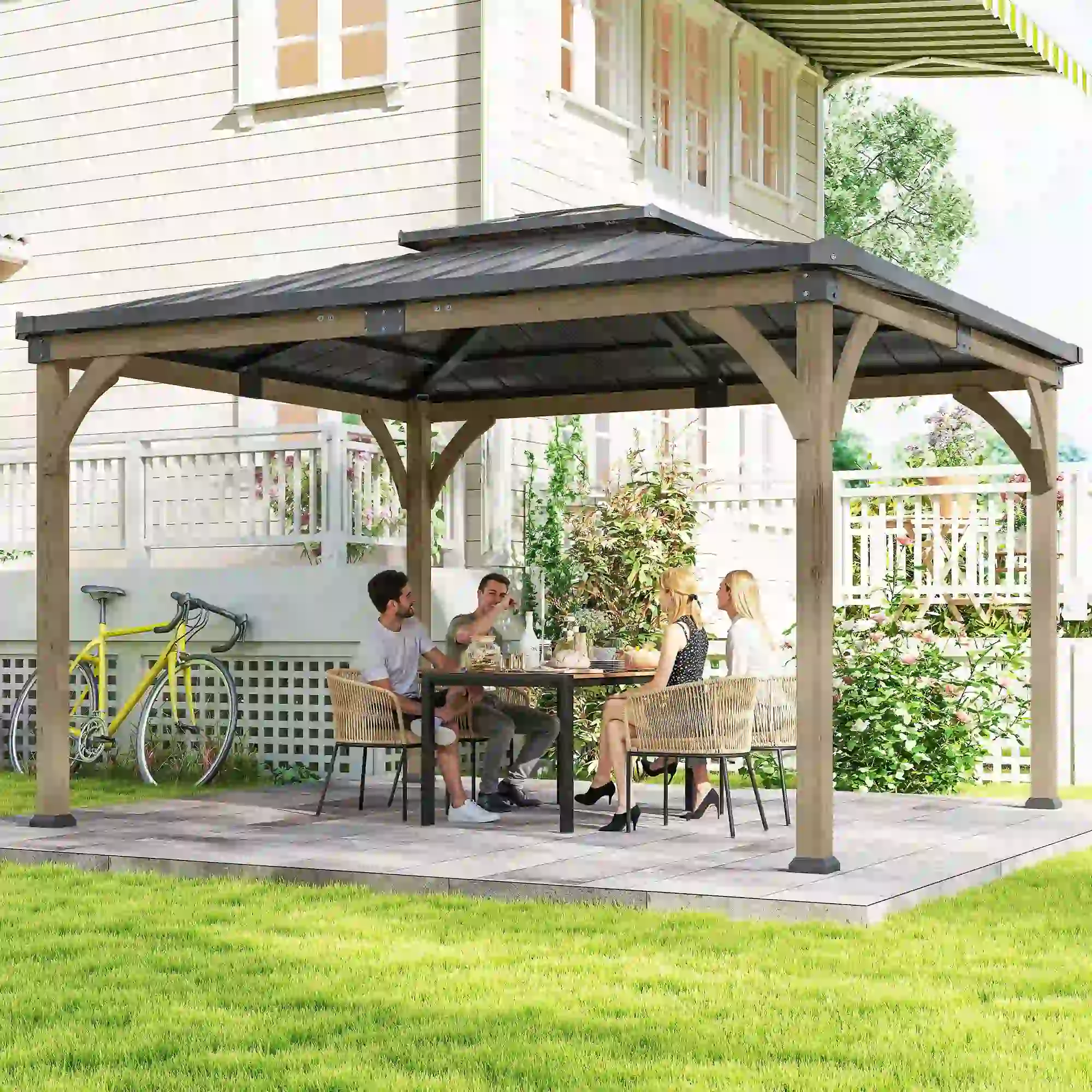 12' x 14' Hardtop Gazebo, Galvanized Steel Roof, Wood Frame, Light Walnut - Image 8