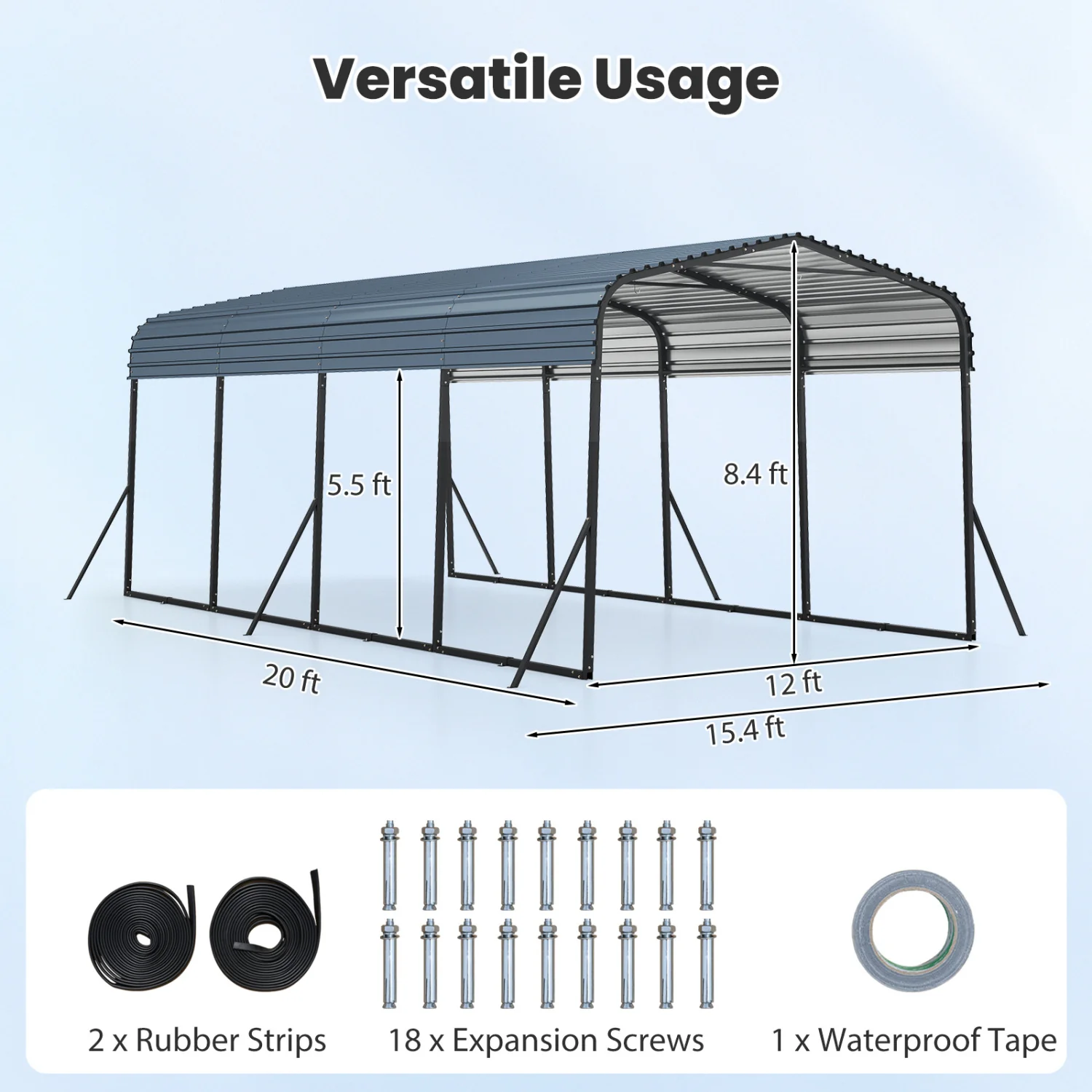 12 X 20 FT Heavy-Duty Steel Carport Outdoor Garage Shelter, Black - Image 5