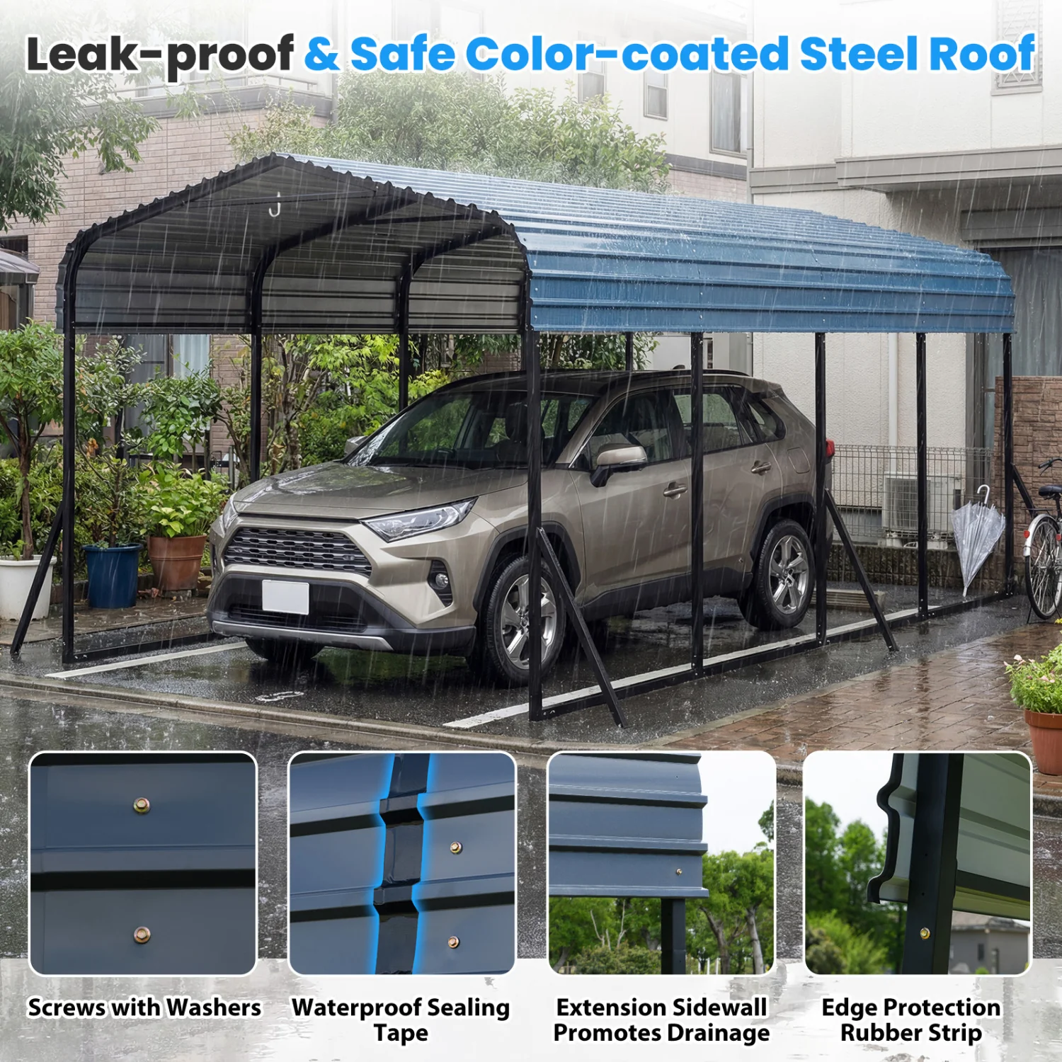 12 X 20 FT Heavy-Duty Steel Carport Outdoor Garage Shelter, Black - Image 7