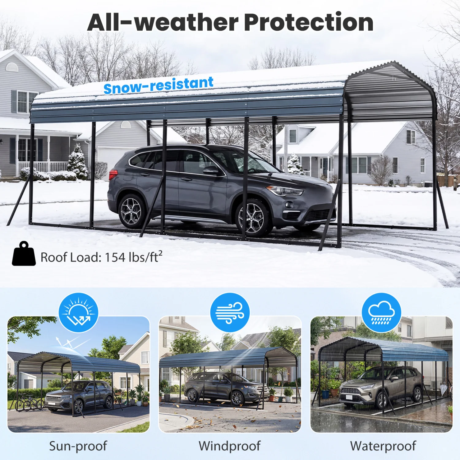 12 X 20 FT Heavy-Duty Steel Carport Outdoor Garage Shelter, Black - Image 9