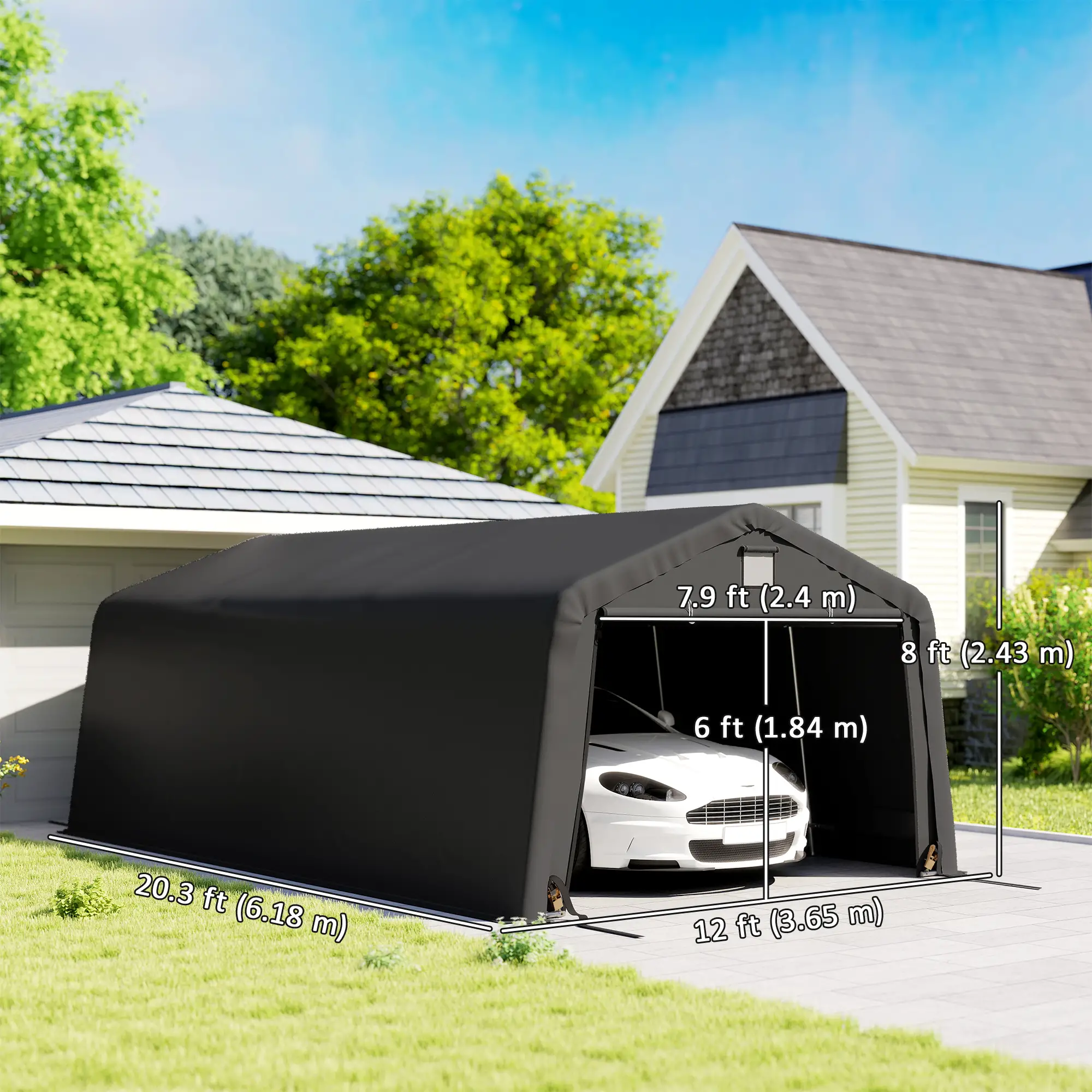 12' x 20' Portable Garage, Heavy Duty Carport Canopy, Black - Image 3