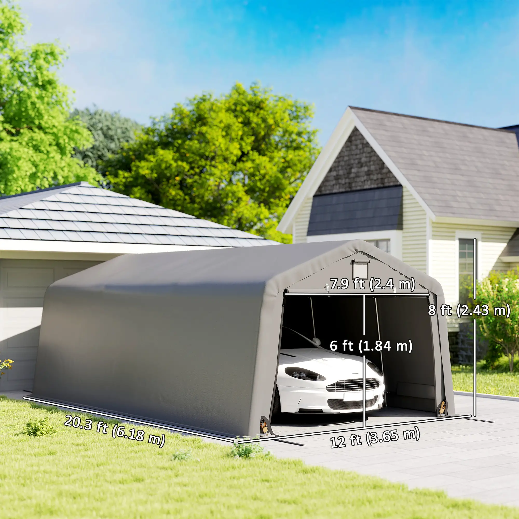 12' x 20' Portable Garage, Heavy Duty Carport Canopy, Light Grey - Image 3