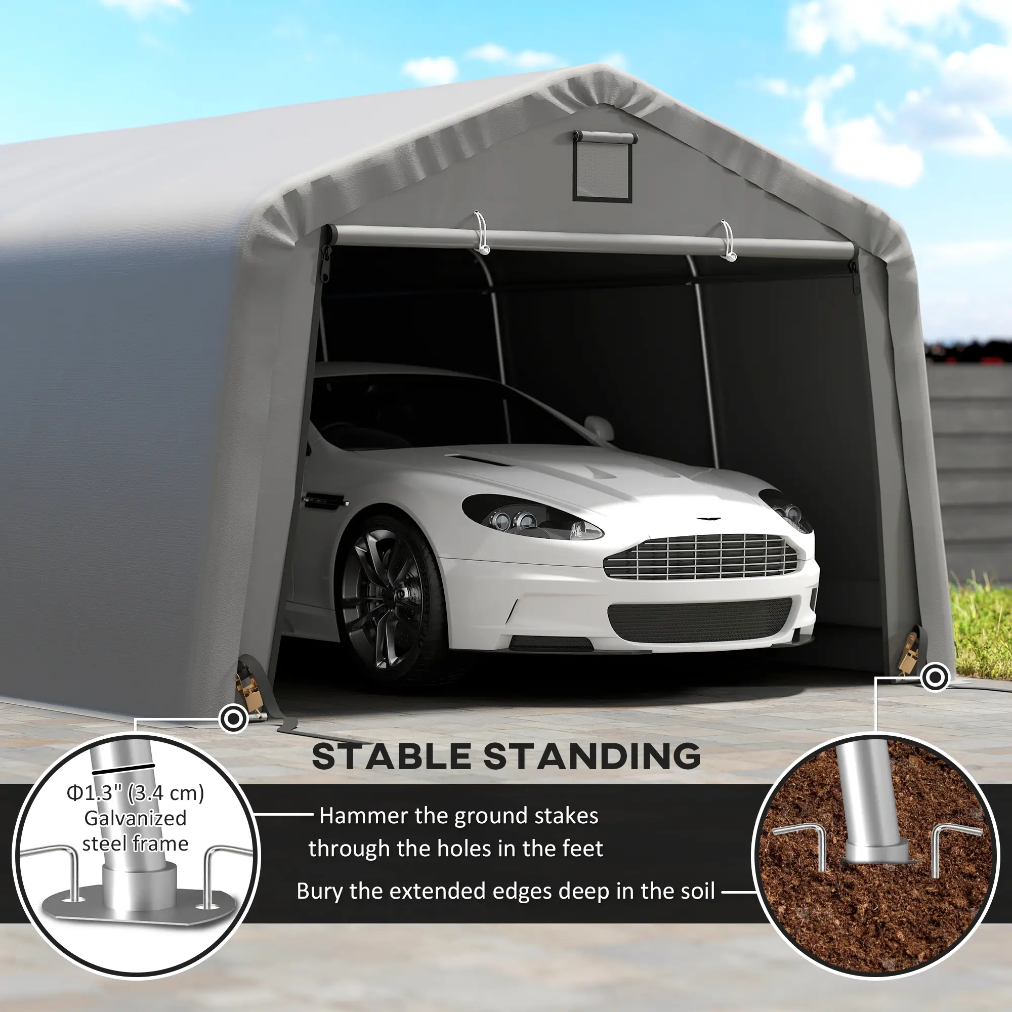 12' x 20' Portable Garage, Heavy Duty Carport Canopy, Light Grey - Image 5
