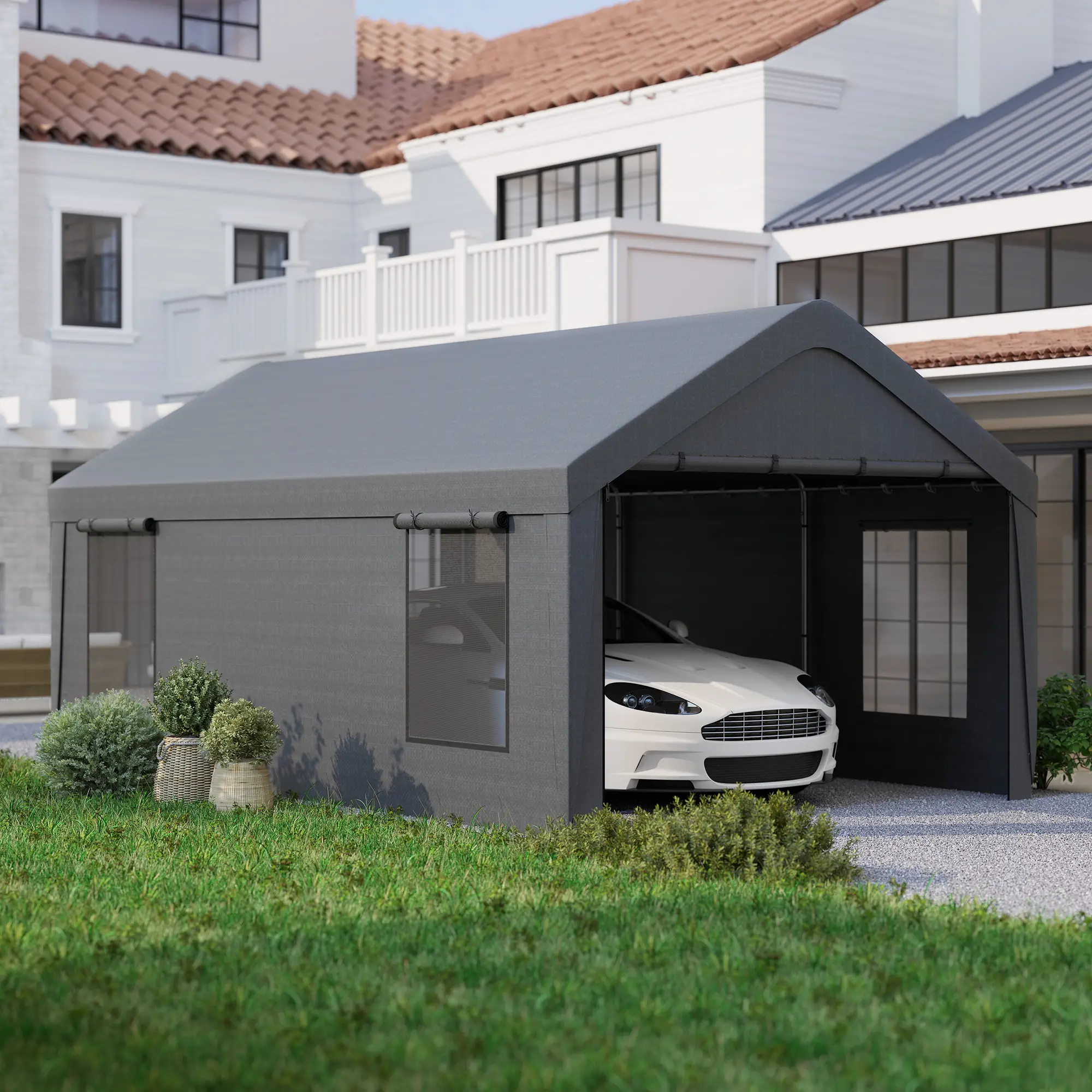 12 x 20ft Carport, 2 Roll-Up Doors, 4 Windows, Dark Grey - Image 10