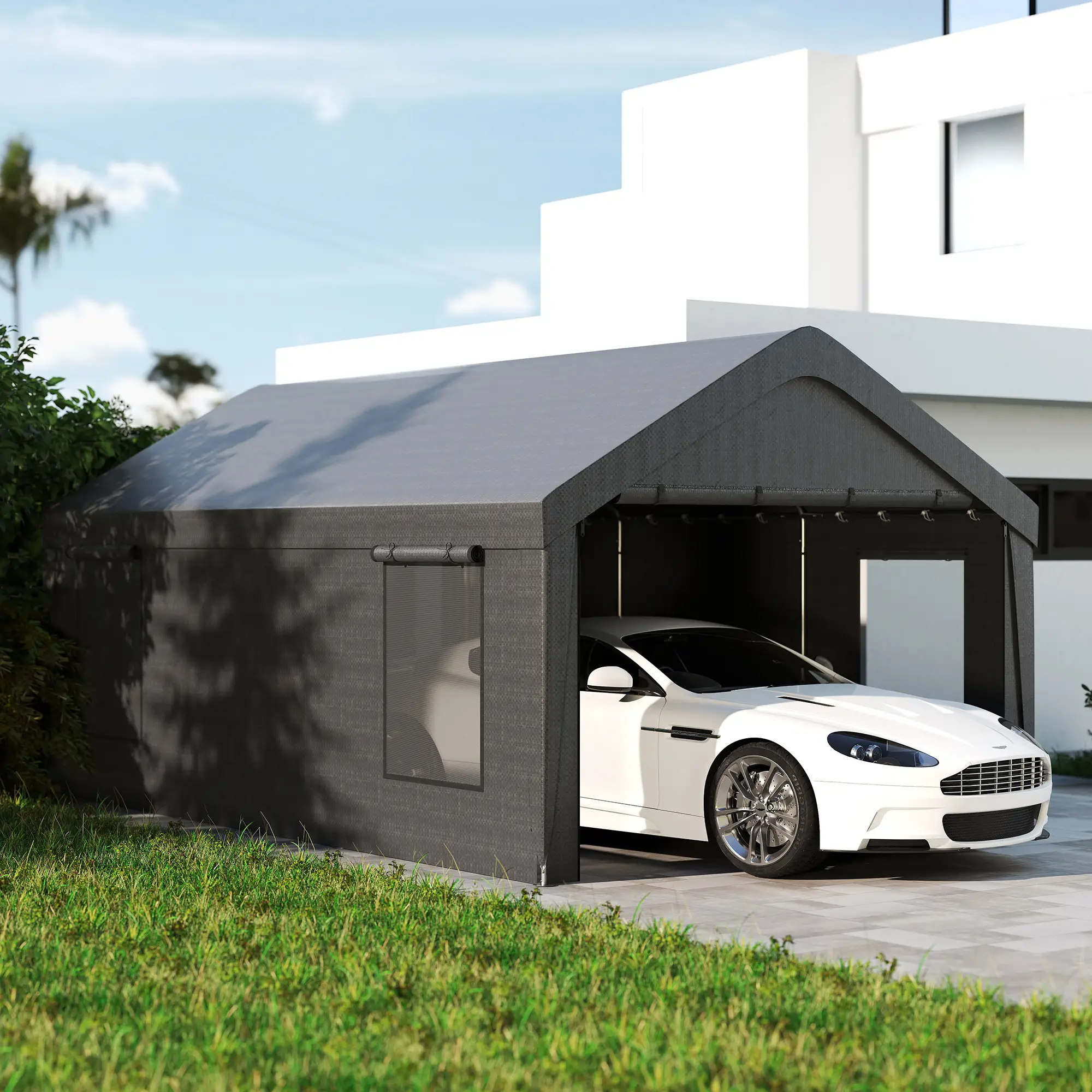 12 x 20ft Carport, 2 Roll-Up Doors, 4 Windows, Dark Grey - Image 2