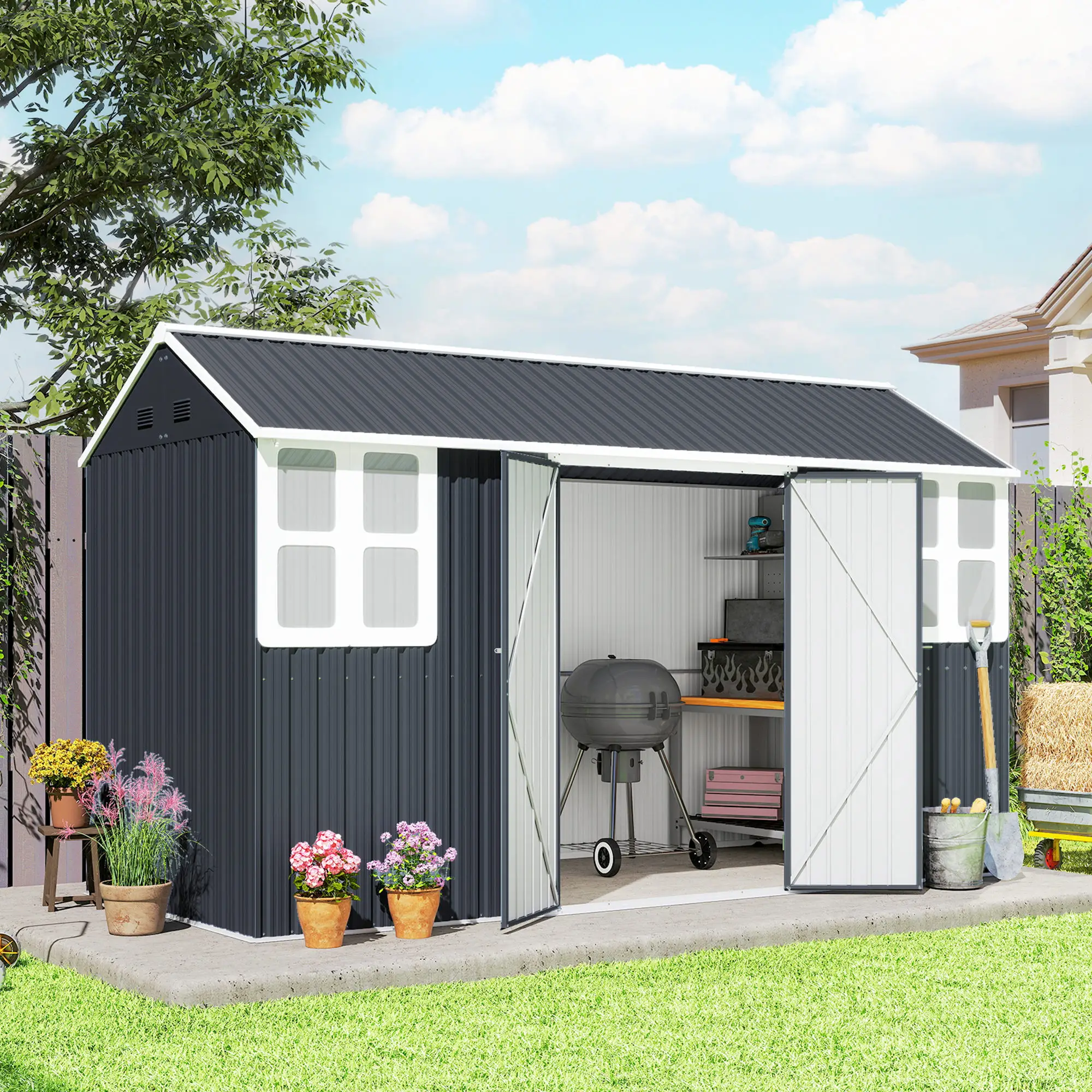 12' x 5.5' Metal Garden Shed, Outdoor Storage, Lockable Door, Dark Grey - Image 2