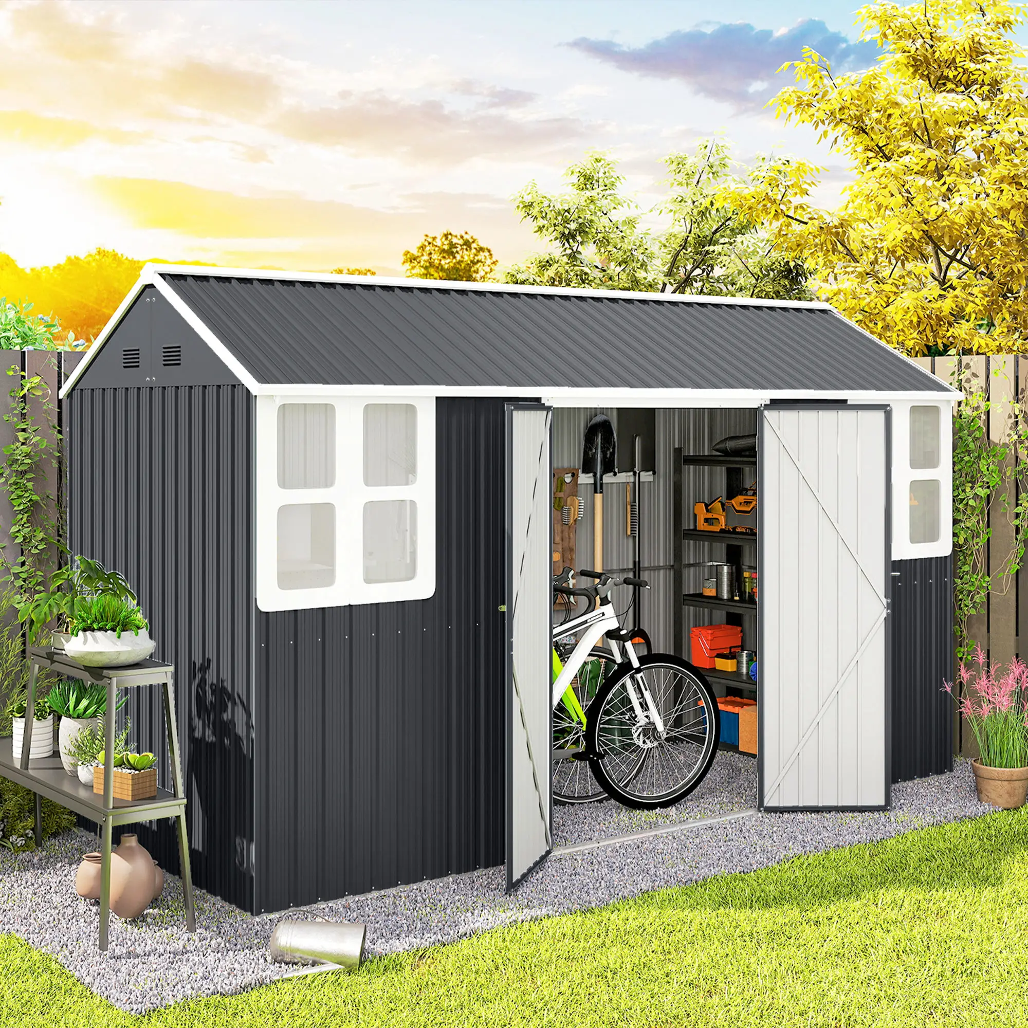 12' x 5.5' Metal Garden Shed, Outdoor Storage, Lockable Door, Dark Grey - Image 8