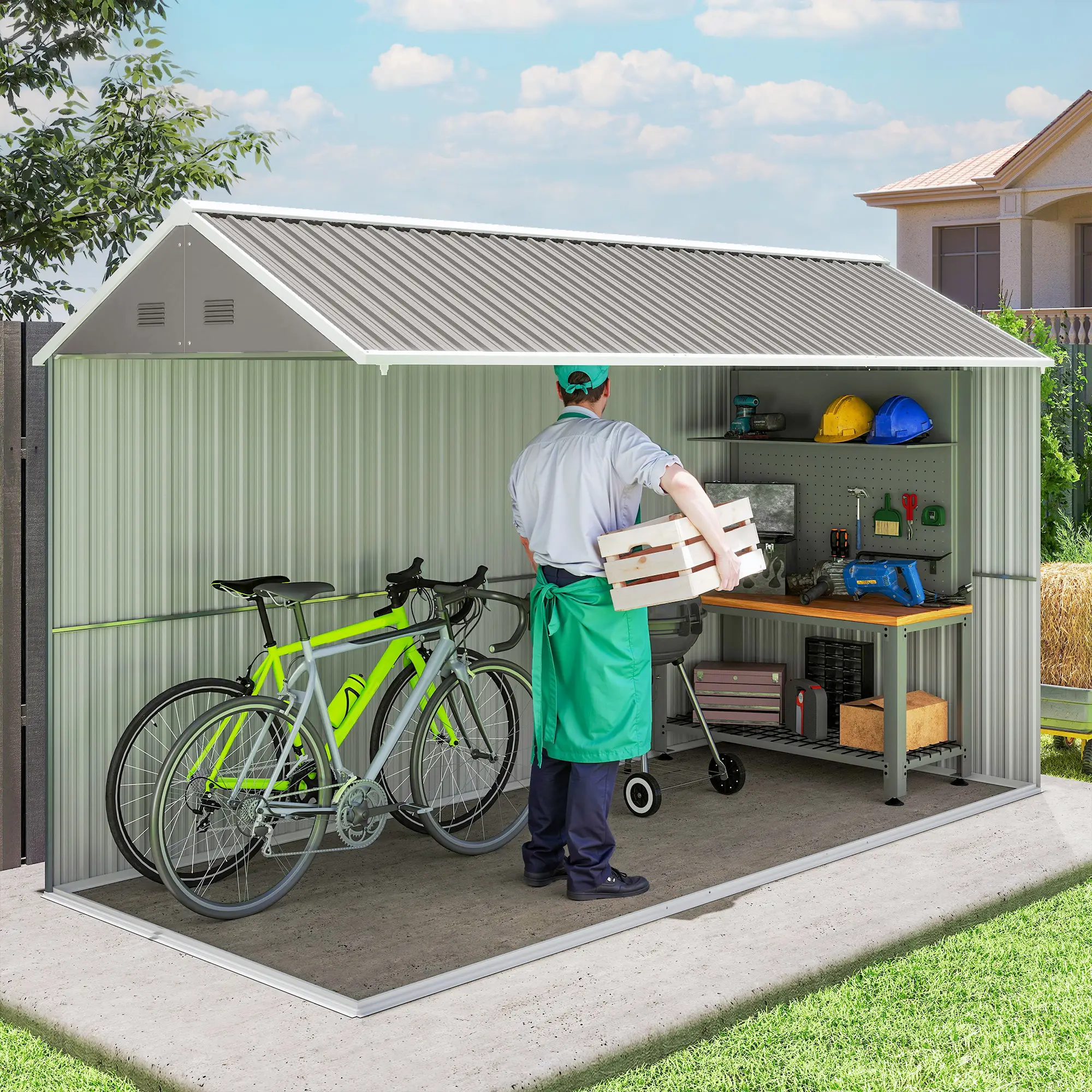 12' x 5.5' Metal Garden Storage Shed, Lockable Door, Light Grey - Image 10