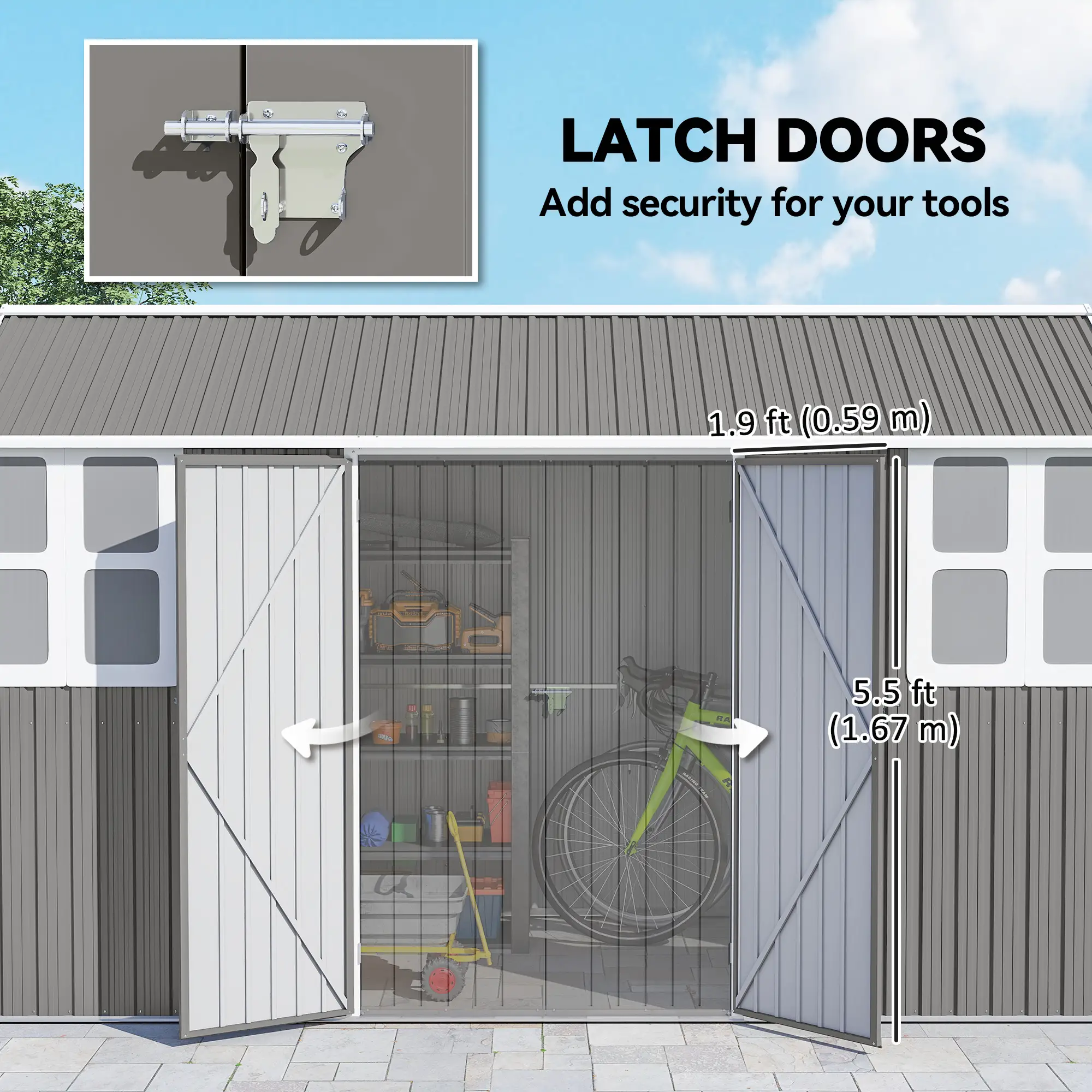 12' x 5.5' Metal Garden Storage Shed, Lockable Door, Light Grey - Image 7